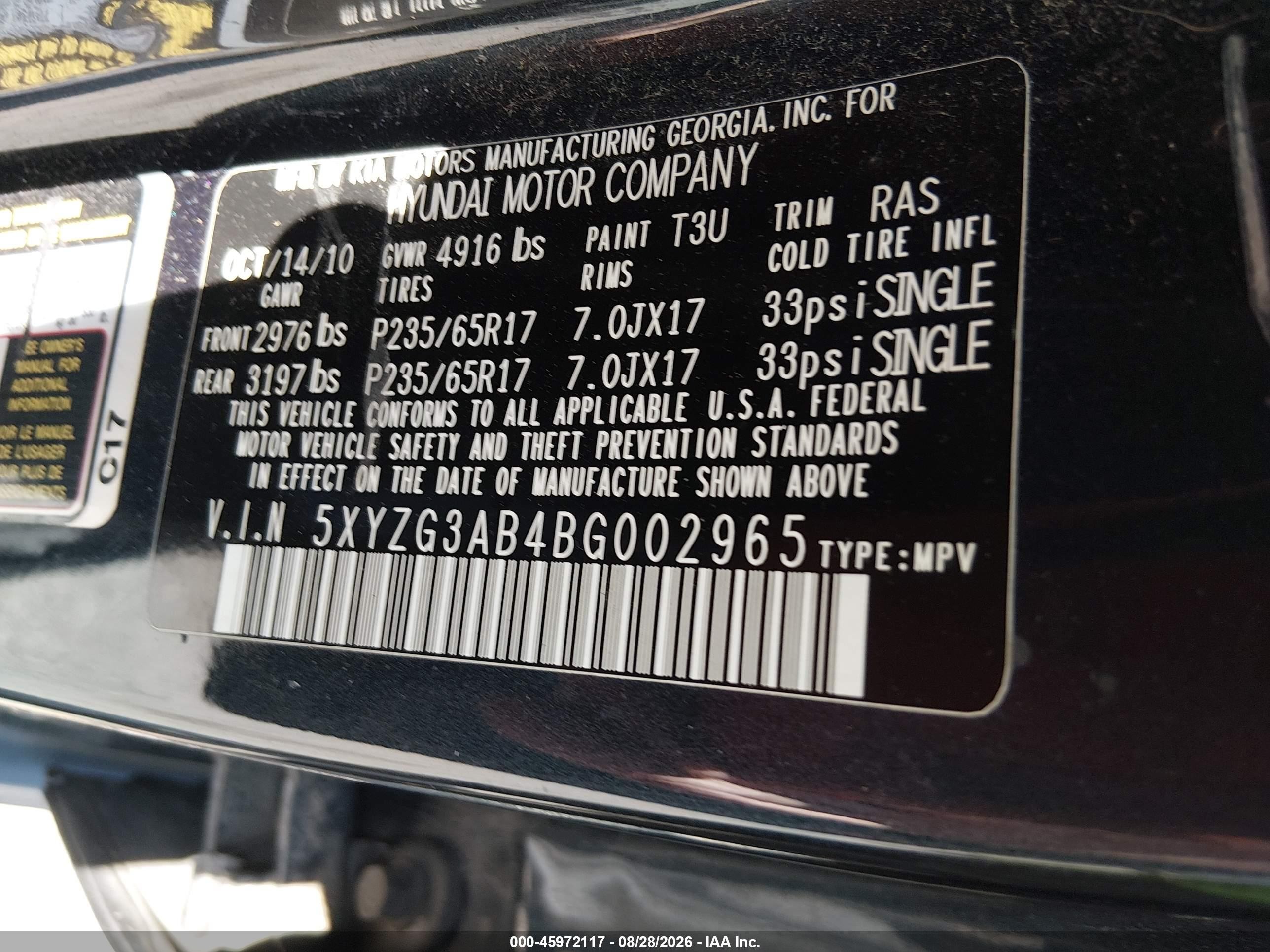 2011 Hyundai Santa Fe Gls Black vin: 5XYZG3AB4BG002965