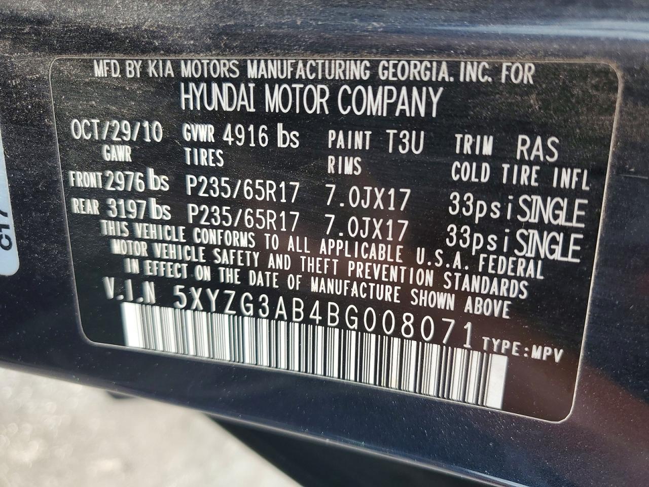 2011 Hyundai Santa Fe Gls Charcoal vin: 5XYZG3AB4BG008071