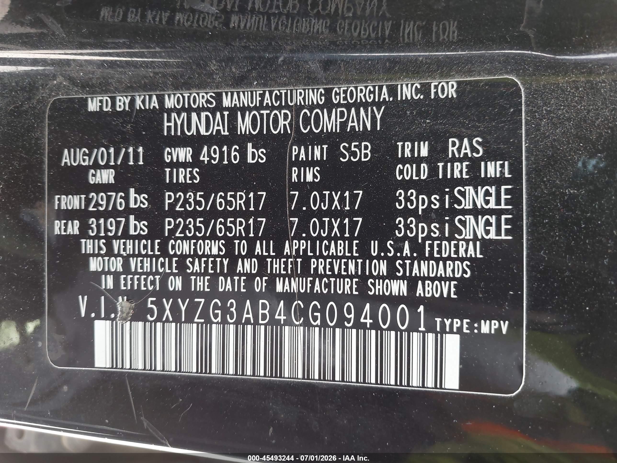 2012 Hyundai Santa Fe Gls Black vin: 5XYZG3AB4CG094001