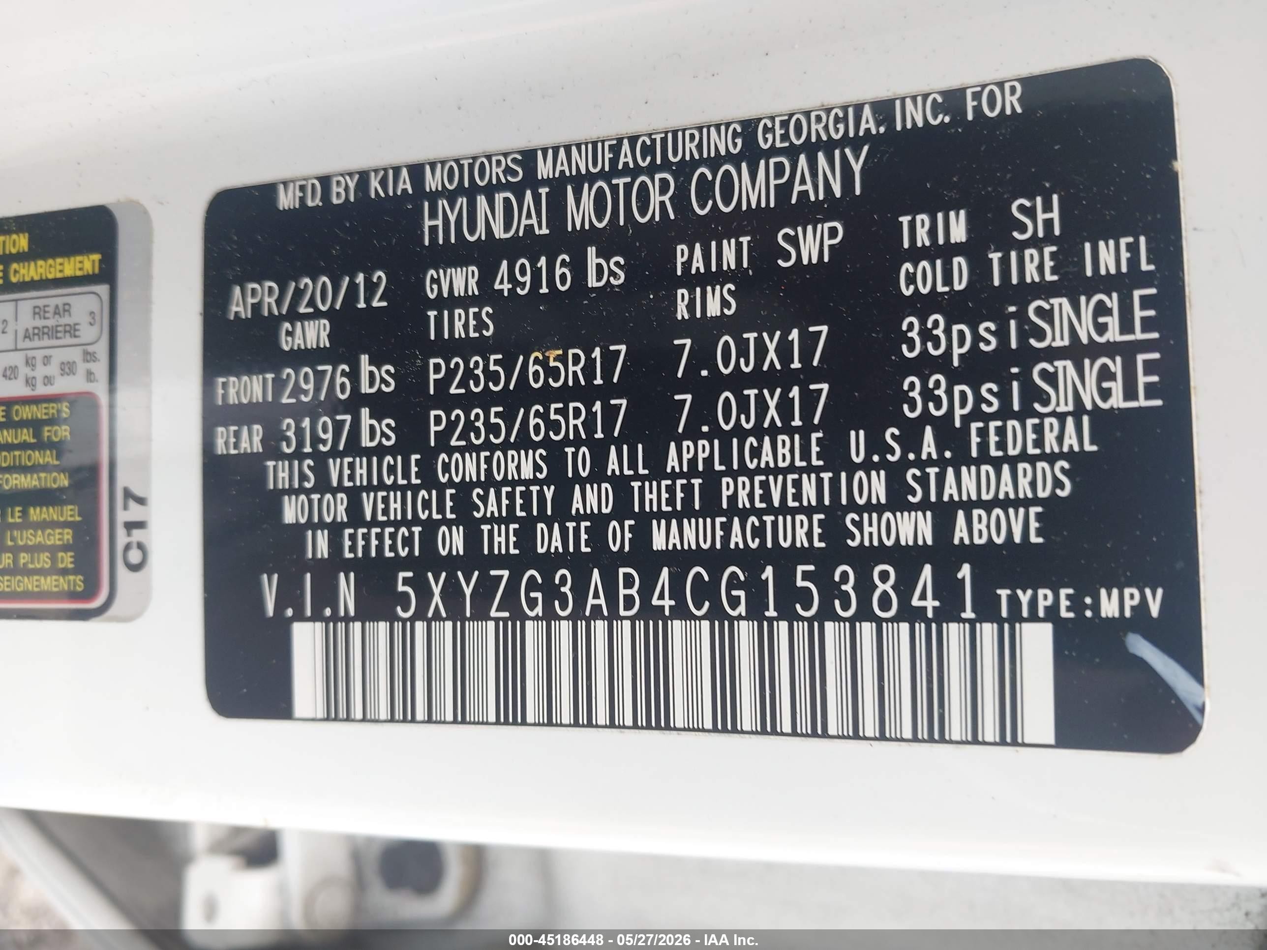 2012 Hyundai Santa Fe Gls White vin: 5XYZG3AB4CG153841