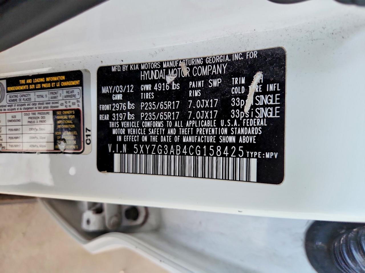 2012 Hyundai Santa Fe Gls White vin: 5XYZG3AB4CG158425