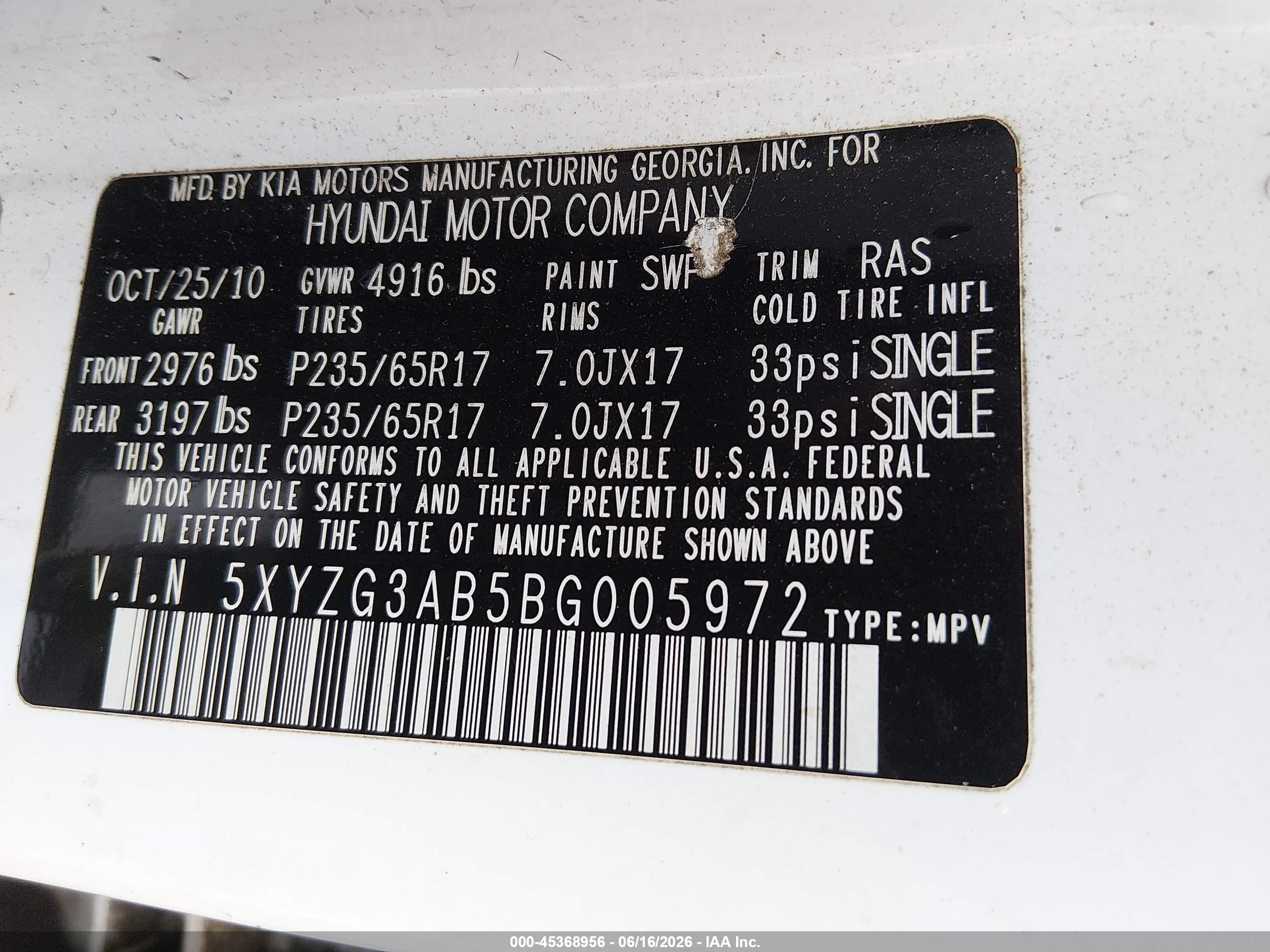 2011 Hyundai Santa Fe Gls White vin: 5XYZG3AB5BG005972