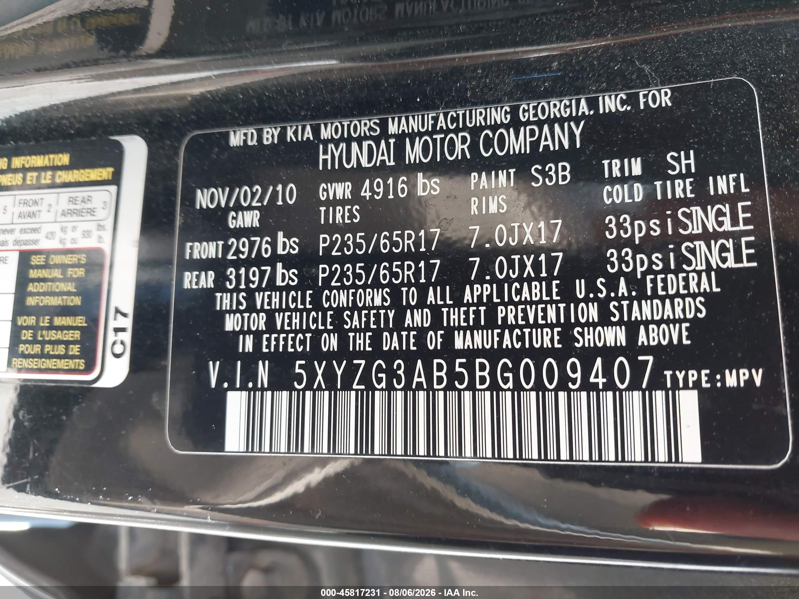 2011 Hyundai Santa Fe Gls Black vin: 5XYZG3AB5BG009407