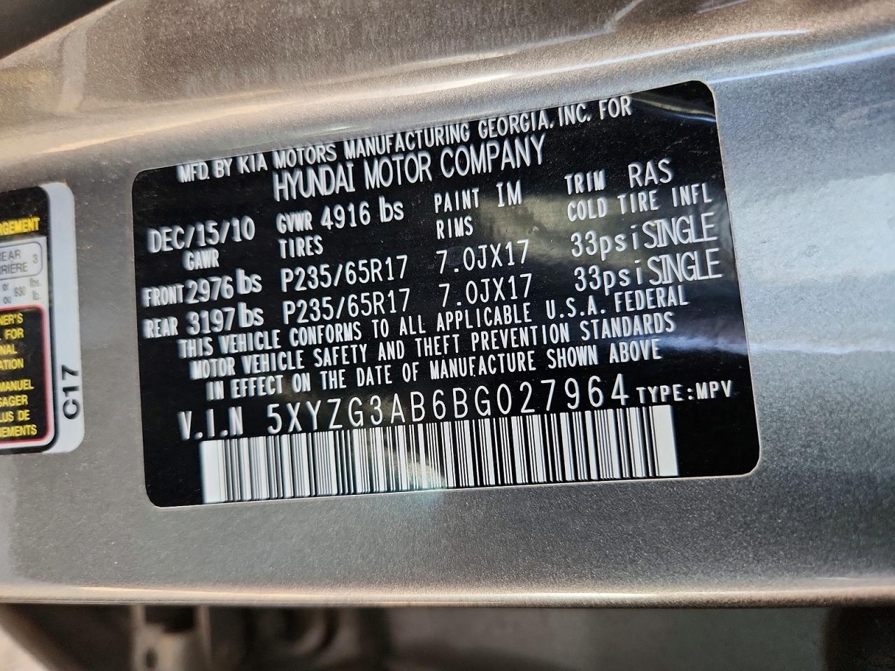 2011 Hyundai Santa Fe Gls Charcoal vin: 5XYZG3AB6BG027964