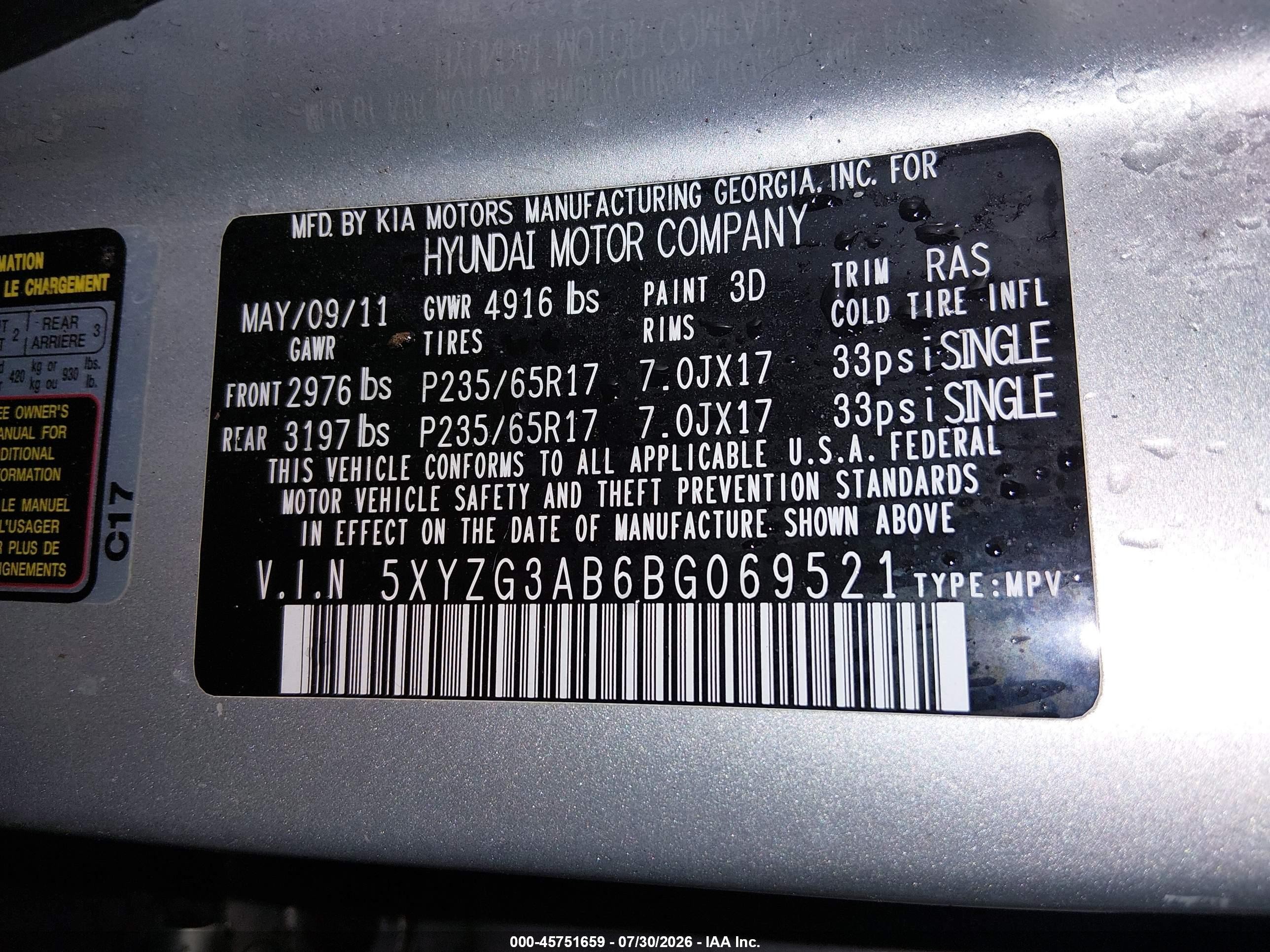 2011 Hyundai Santa Fe Gls Silver vin: 5XYZG3AB6BG069521