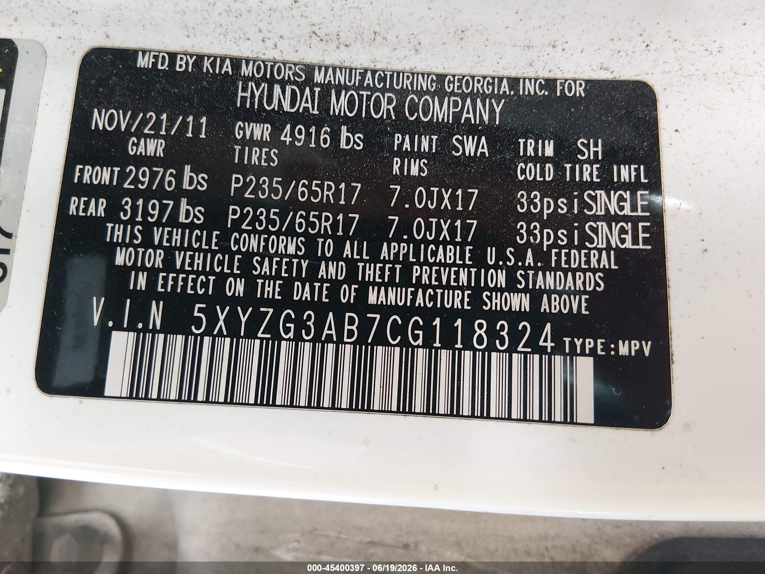 2012 Hyundai Santa Fe Gls White vin: 5XYZG3AB7CG118324