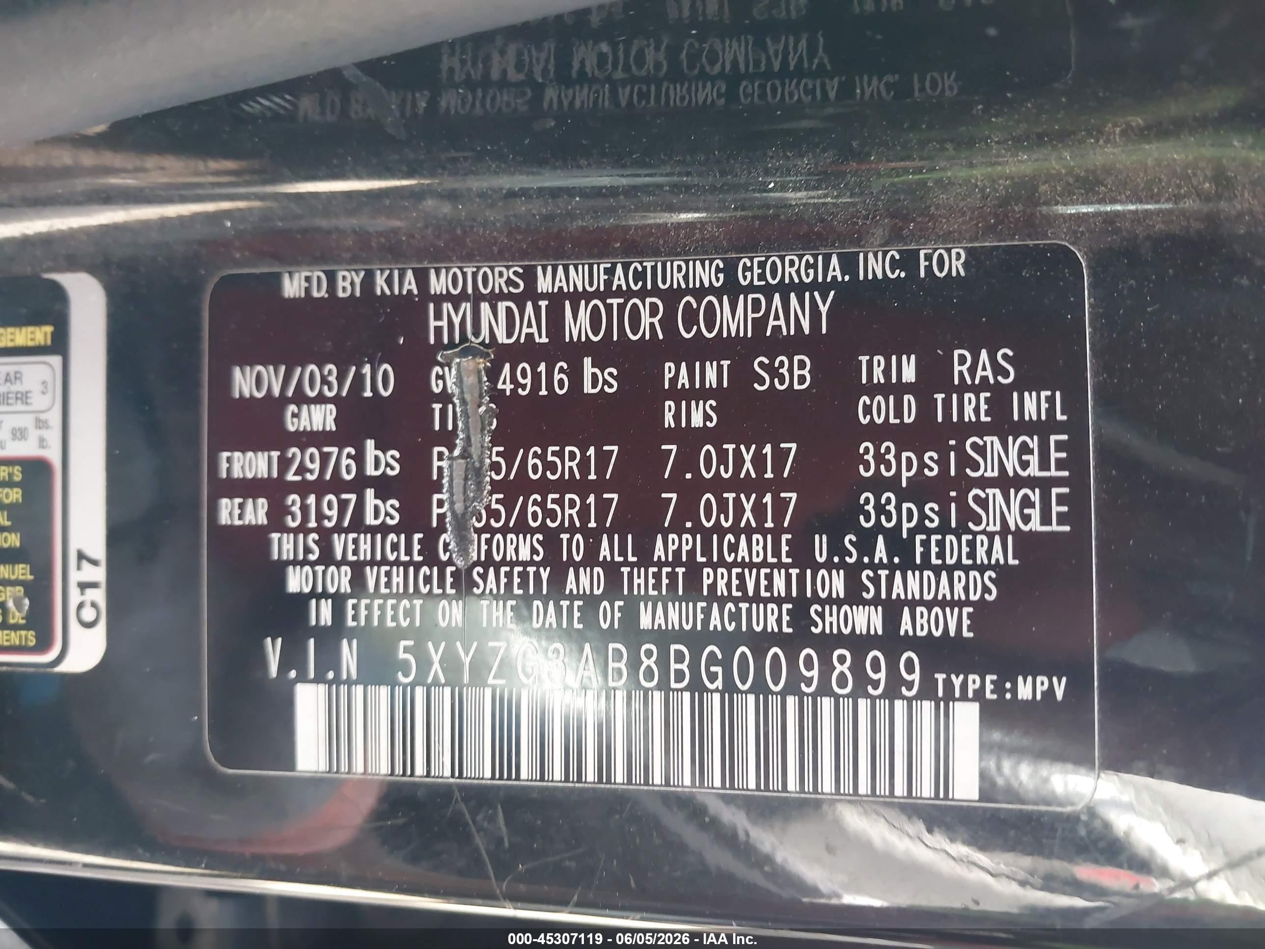 2011 Hyundai Santa Fe Gls Black vin: 5XYZG3AB8BG009899