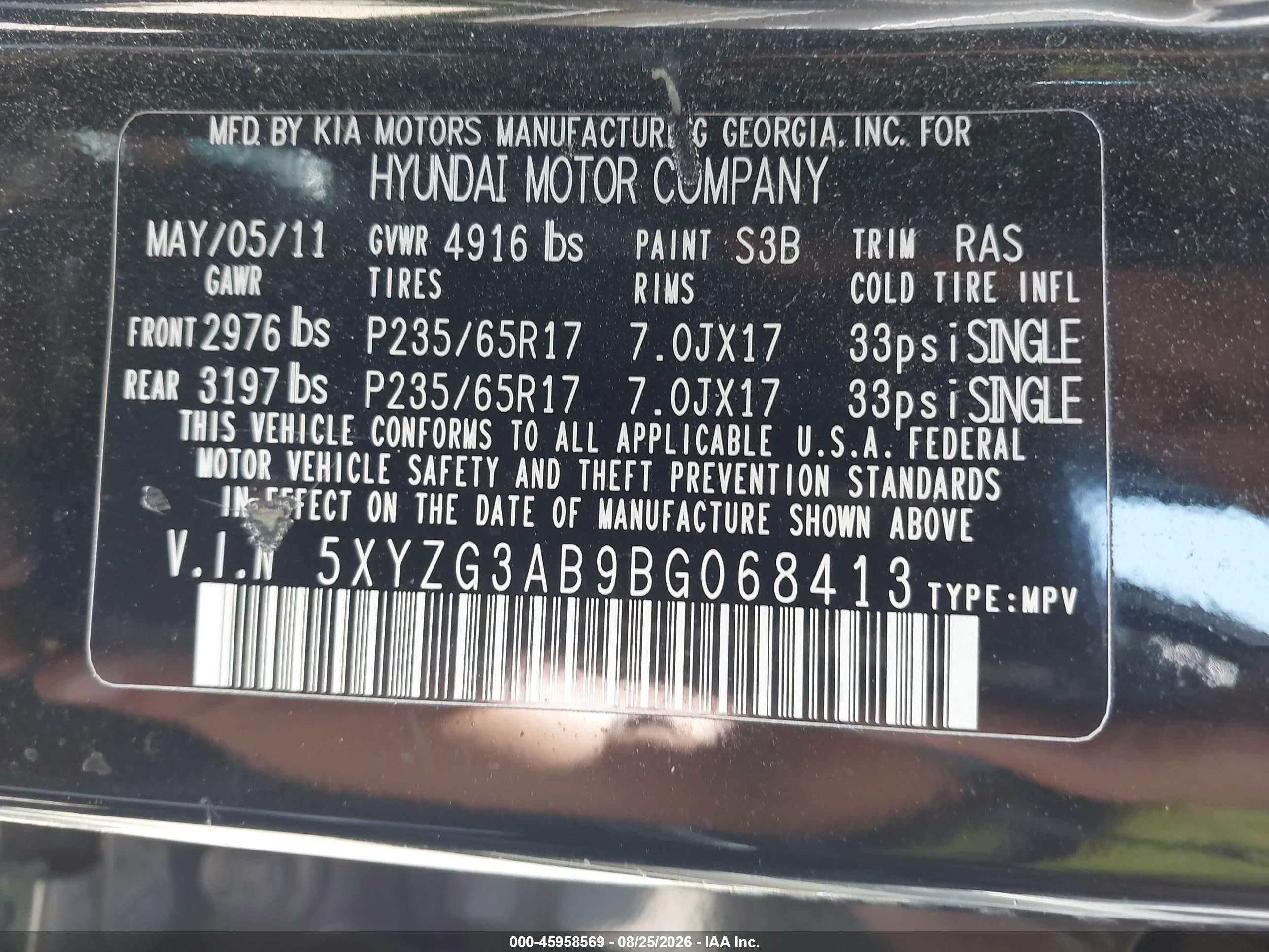 2011 Hyundai Santa Fe Gls Black vin: 5XYZG3AB9BG068413