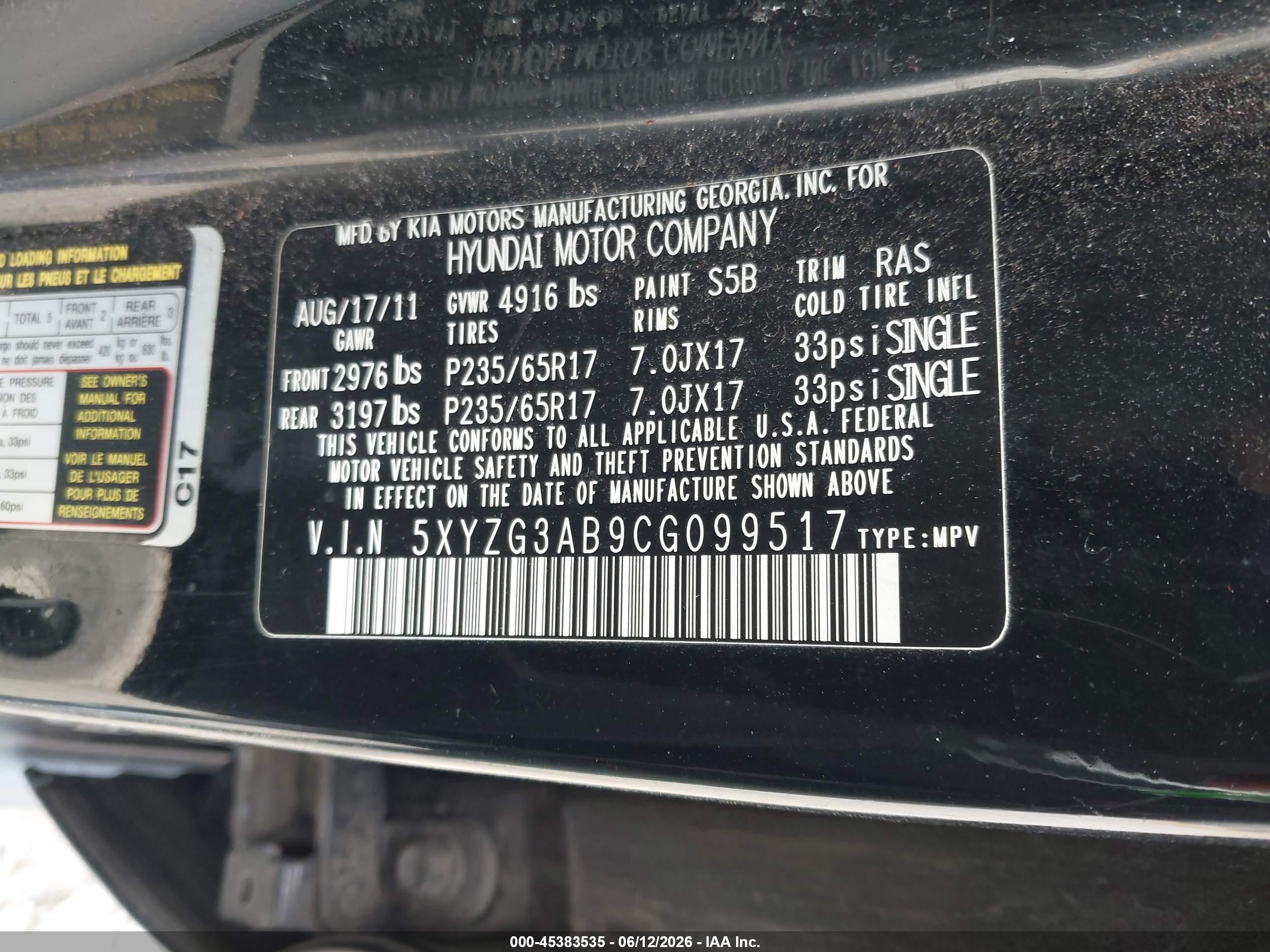 2012 Hyundai Santa Fe Gls Black vin: 5XYZG3AB9CG099517