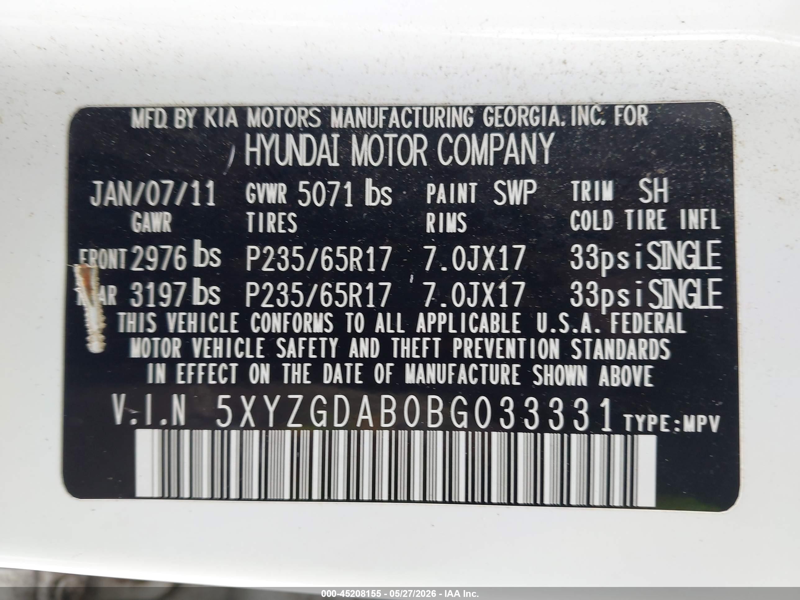 2011 Hyundai Santa Fe Gls Белый vin: 5XYZGDAB0BG033331
