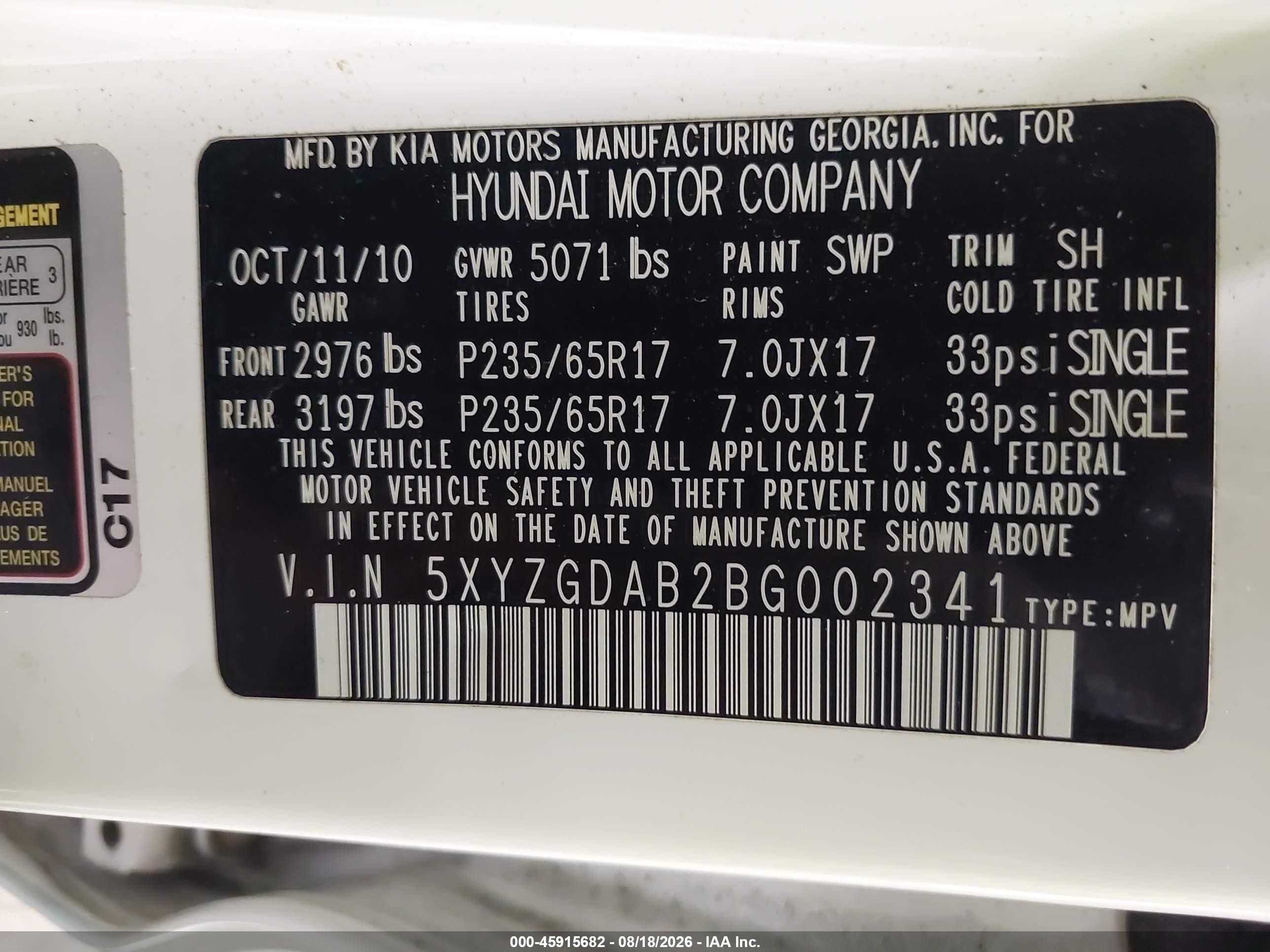 2011 Hyundai Santa Fe Gls White vin: 5XYZGDAB2BG002341