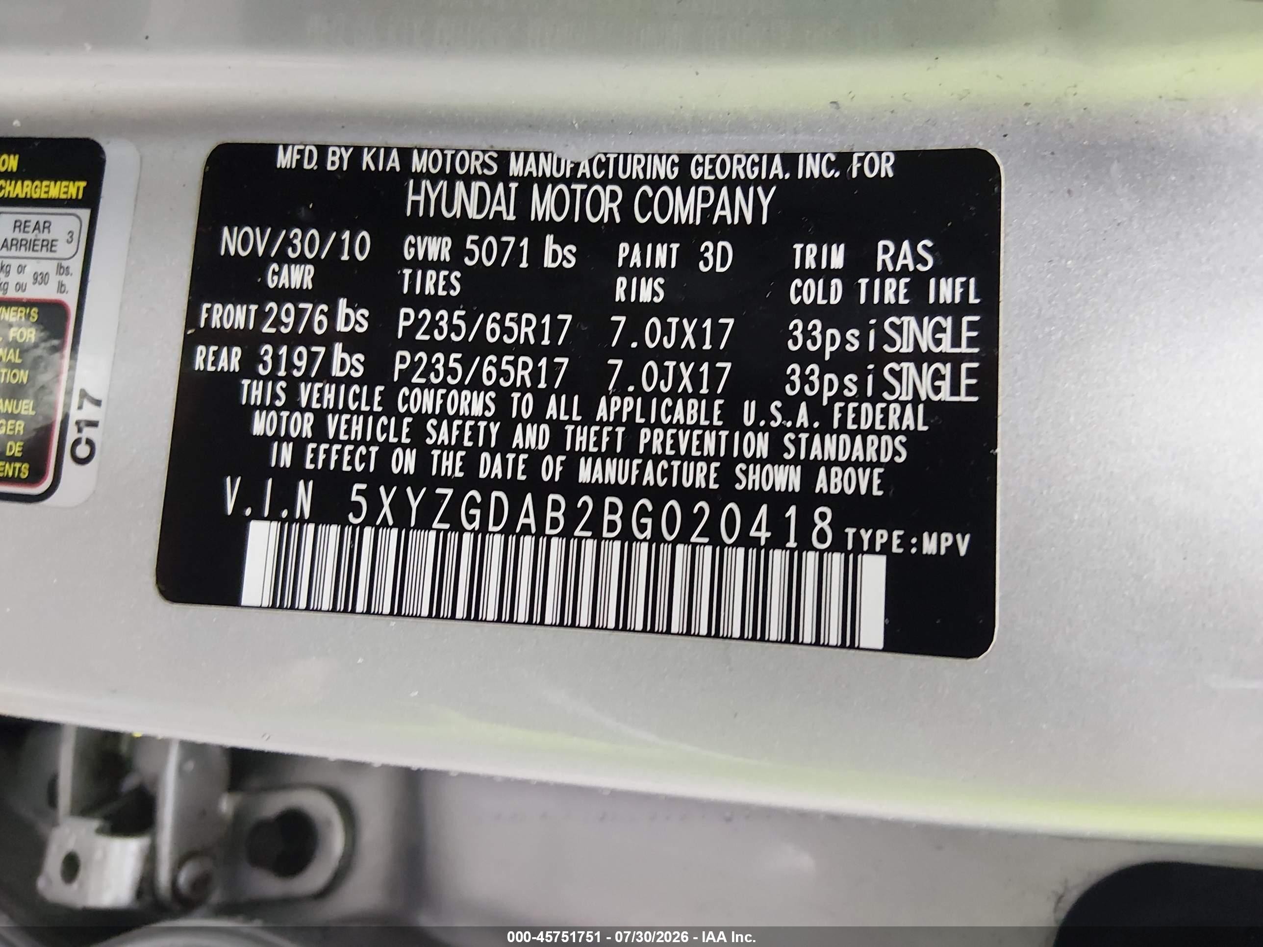 2011 Hyundai Santa Fe Gls Silver vin: 5XYZGDAB2BG020418