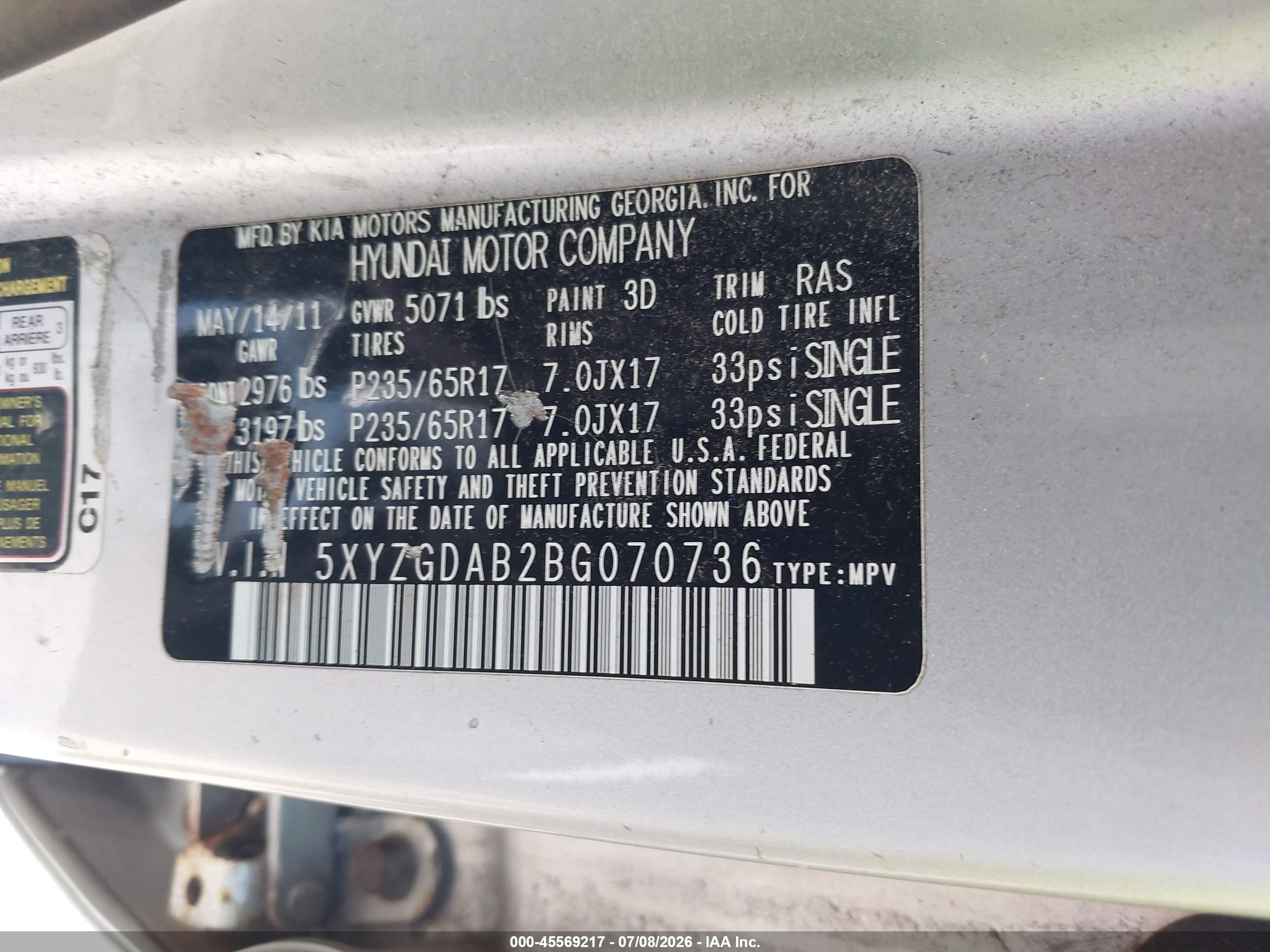 2011 Hyundai Santa Fe Gls Silver vin: 5XYZGDAB2BG070736