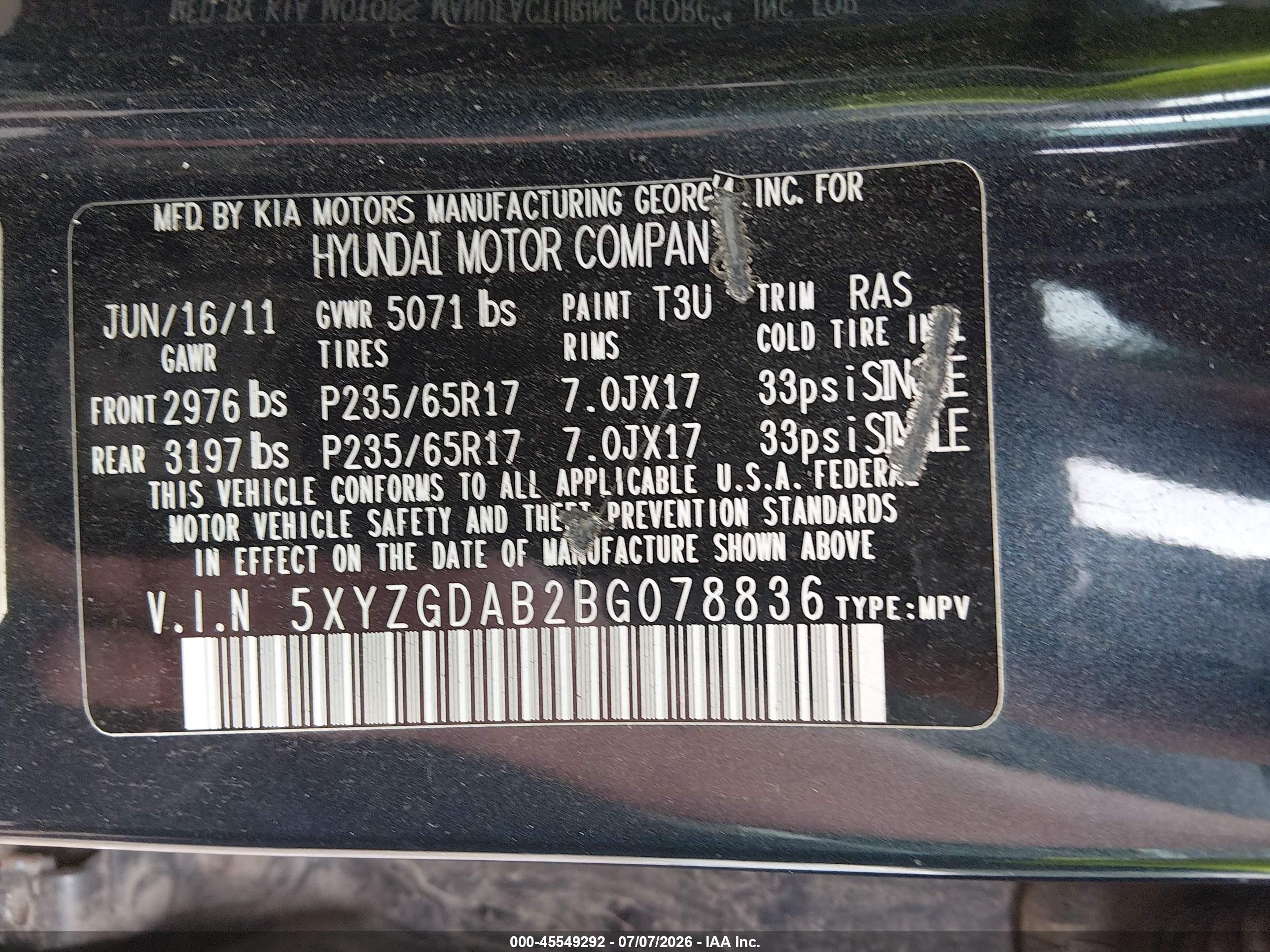 2011 Hyundai Santa Fe Gls Blue vin: 5XYZGDAB2BG078836