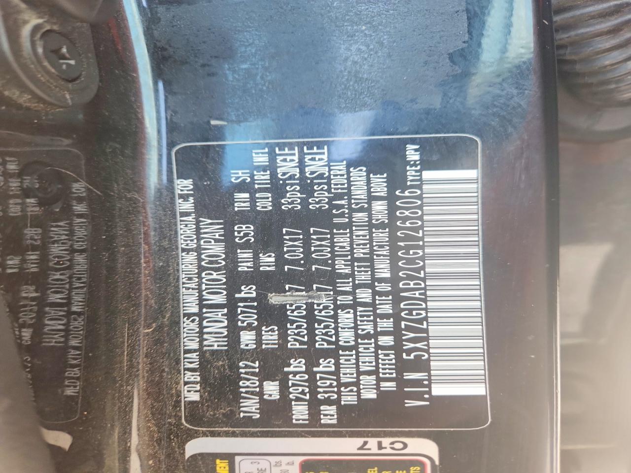 2012 Hyundai Santa Fe Gl(middle-low ) Black vin: 5XYZGDAB2CG126806