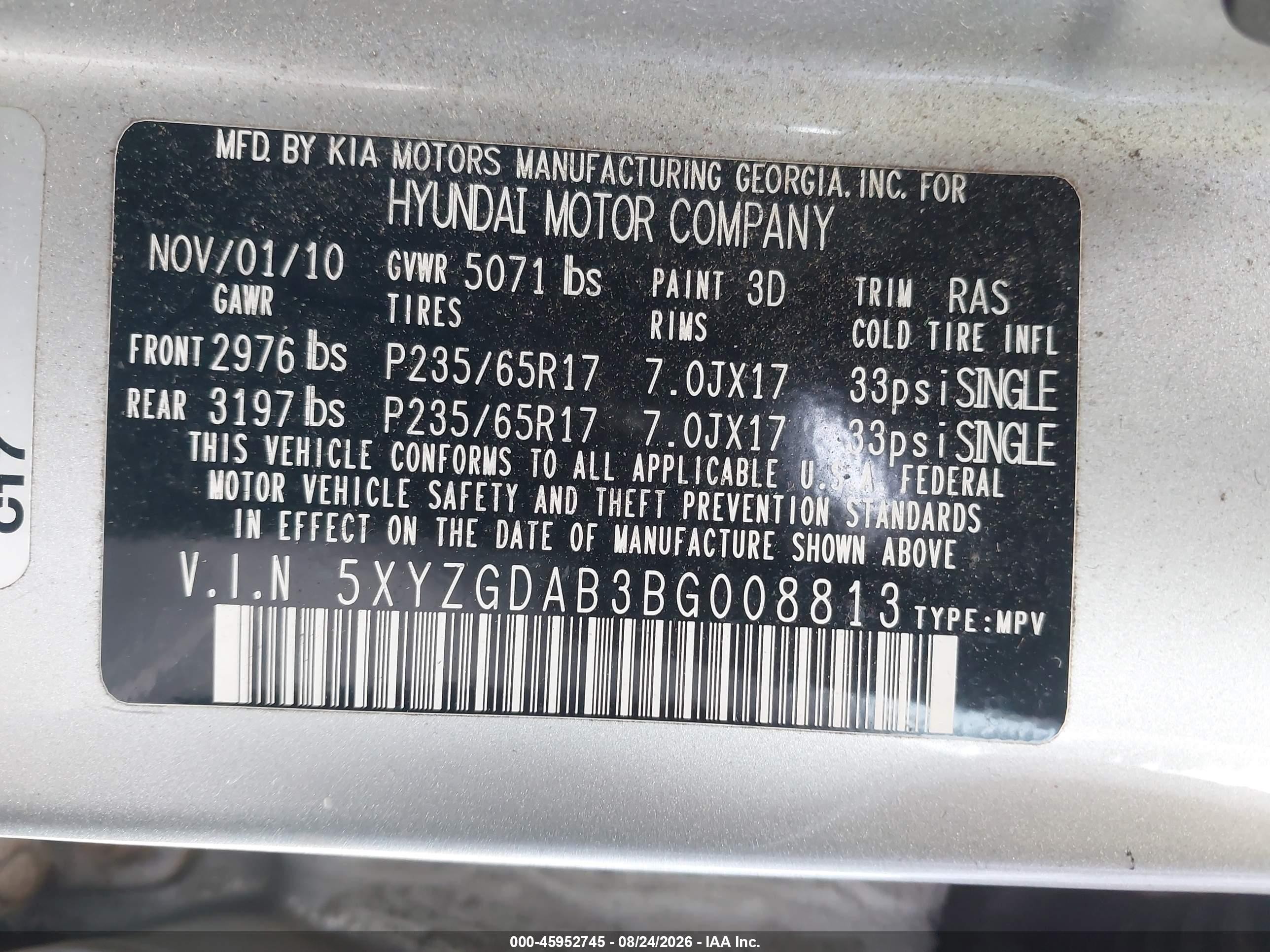 2011 Hyundai Santa Fe Gls Серебряный vin: 5XYZGDAB3BG008813