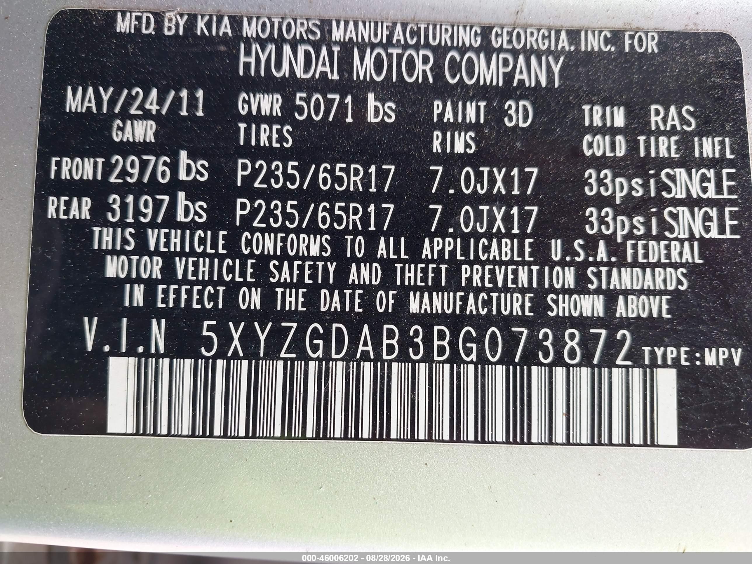 2011 Hyundai Santa Fe Gls Silver vin: 5XYZGDAB3BG073872