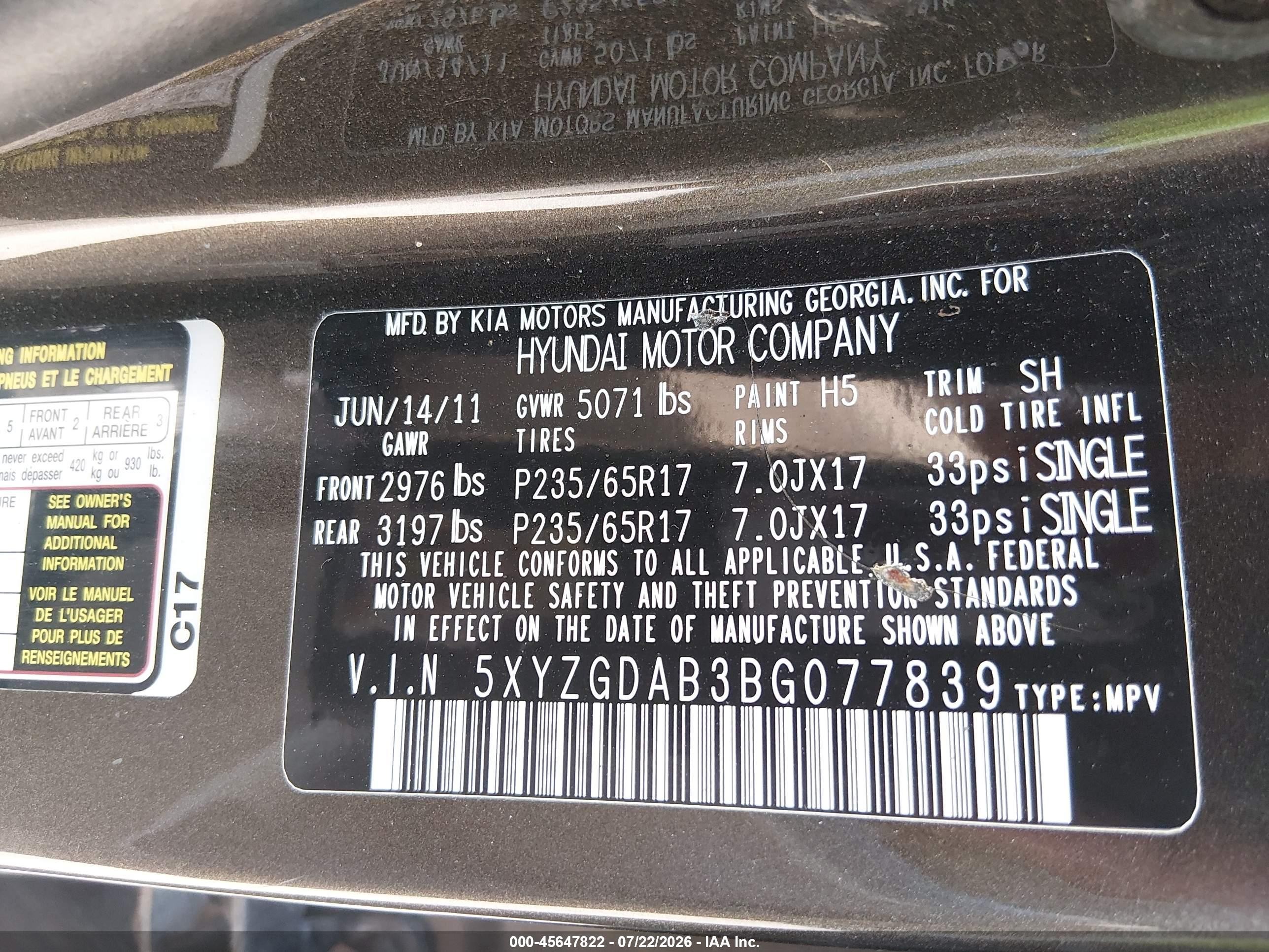 2011 Hyundai Santa Fe Gls Black vin: 5XYZGDAB3BG077839
