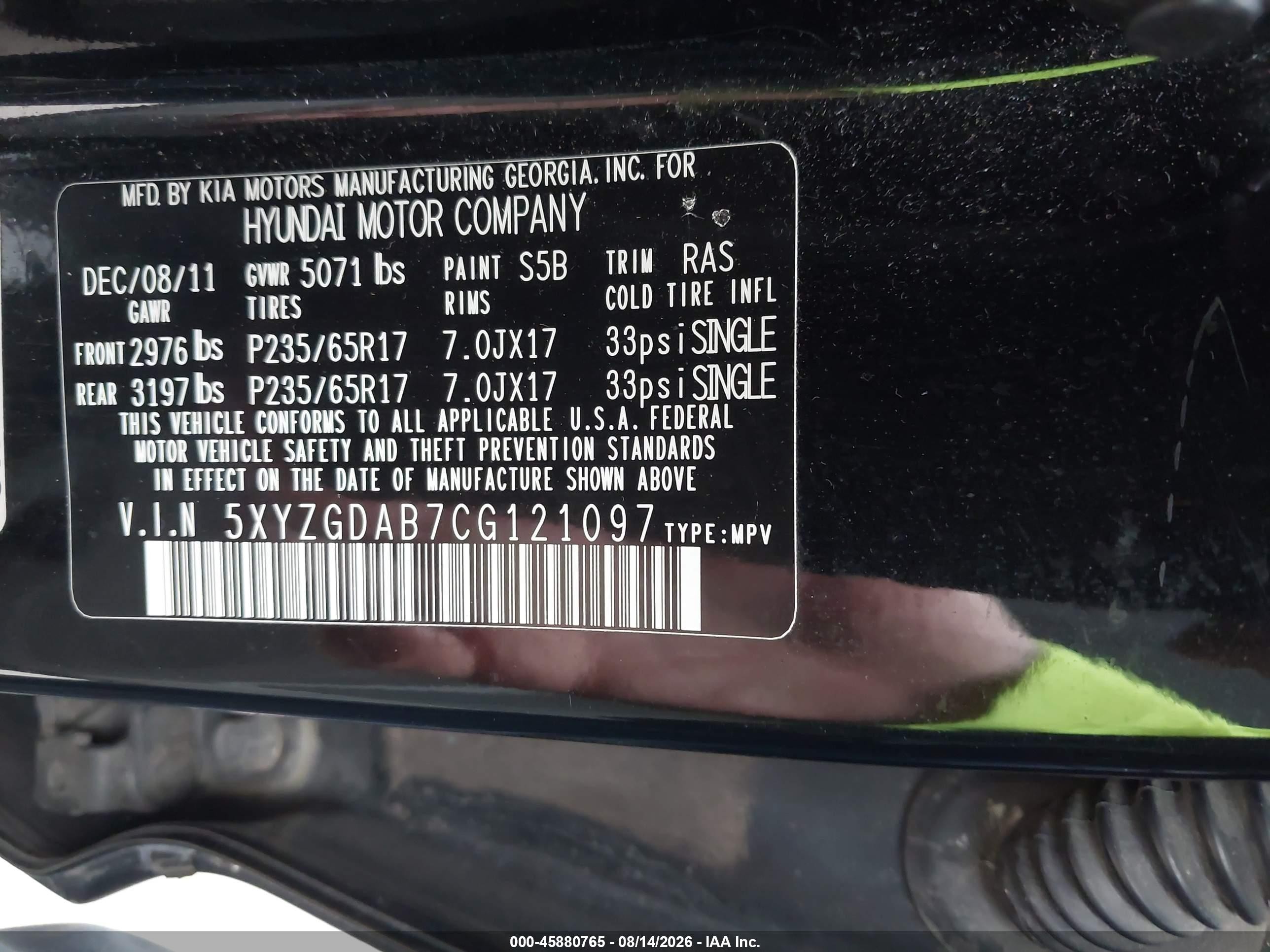 2012 Hyundai Santa Fe Gls Black vin: 5XYZGDAB7CG121097