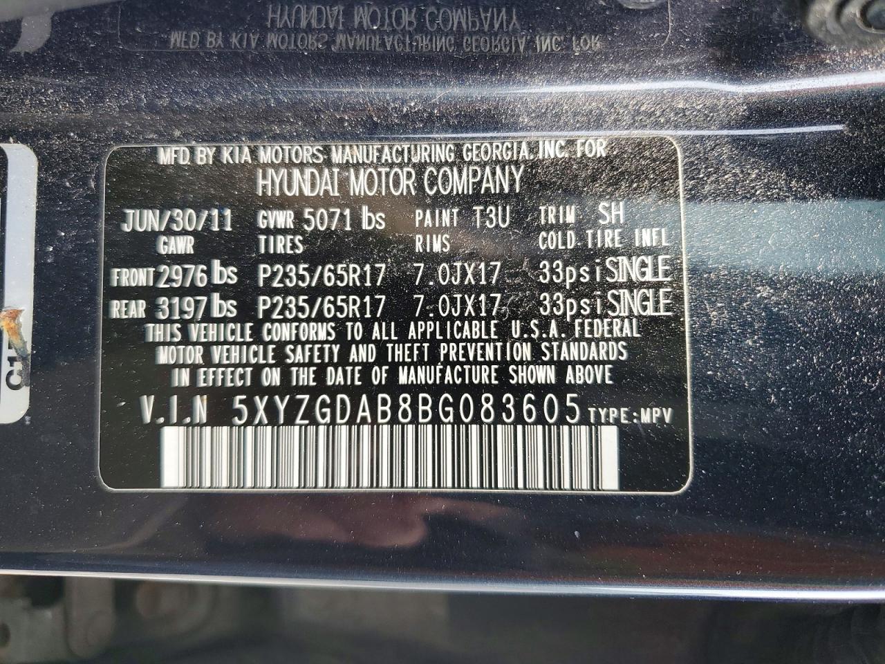 2011 Hyundai Santa Fe Gls Blue vin: 5XYZGDAB8BG083605
