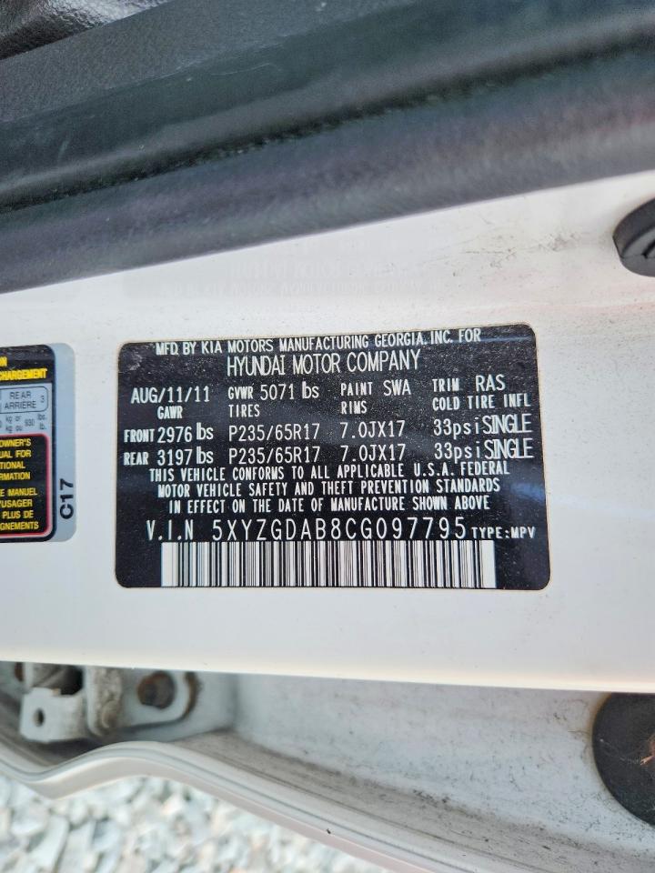 2012 Hyundai Santa Fe Gls White vin: 5XYZGDAB8CG097795
