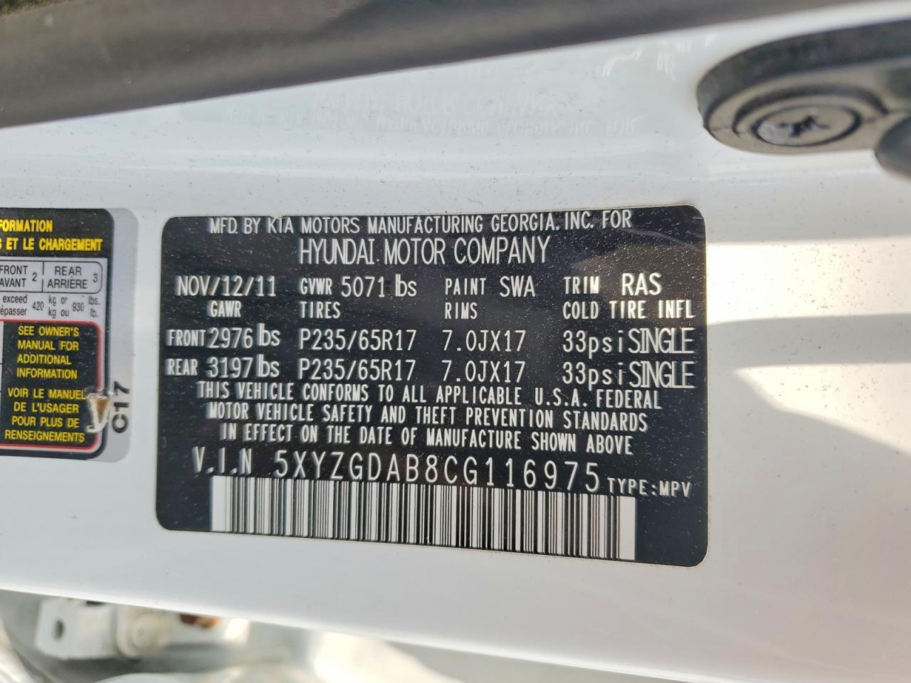 2012 Hyundai Santa Fe Gls Белый vin: 5XYZGDAB8CG116975