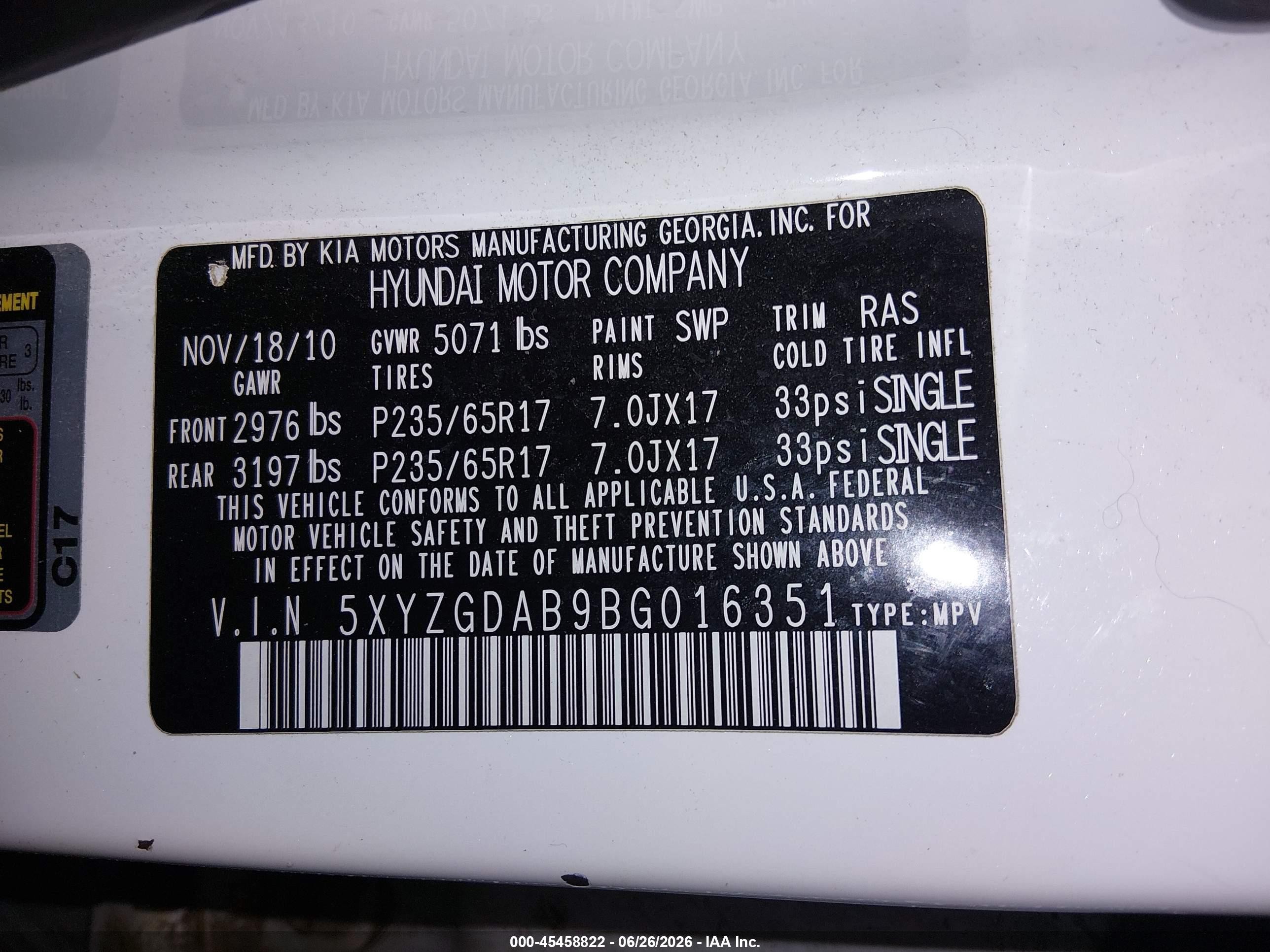 2011 Hyundai Santa Fe Gls Белый vin: 5XYZGDAB9BG016351
