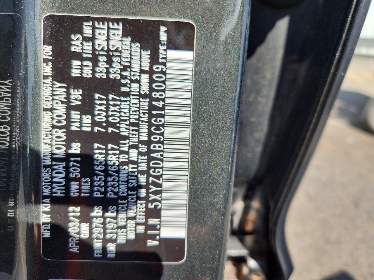 2012 Hyundai Santa Fe Gls Charcoal vin: 5XYZGDAB9CG148009
