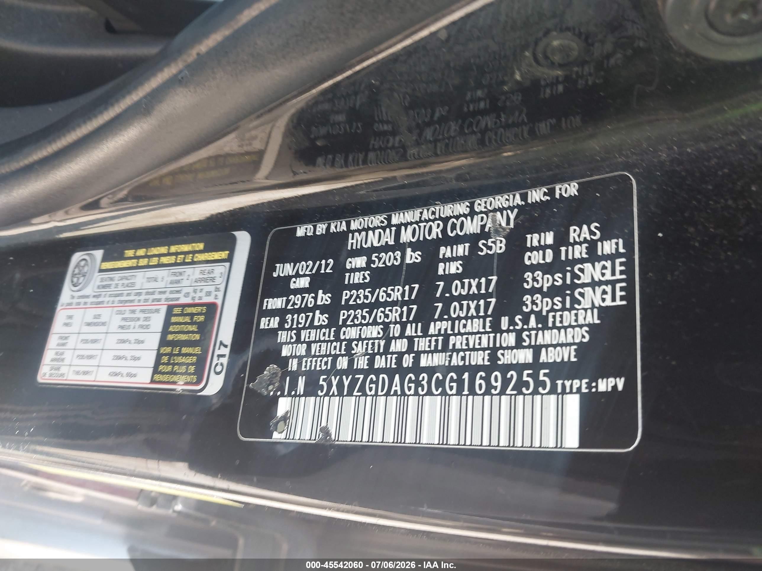 2012 Hyundai Santa Fe Gls V6 Black vin: 5XYZGDAG3CG169255
