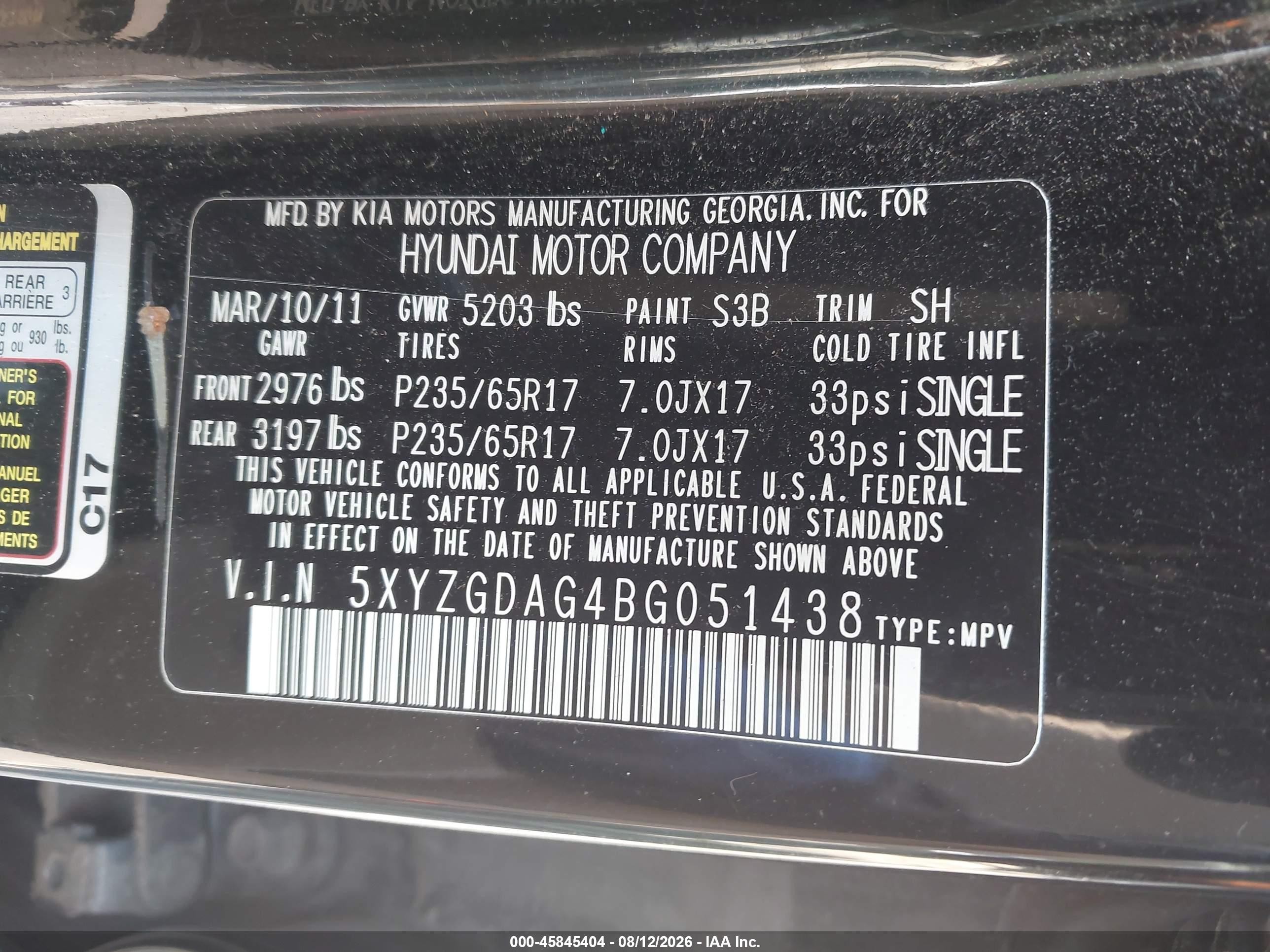 2011 Hyundai Santa Fe Gls V6 Черный vin: 5XYZGDAG4BG051438