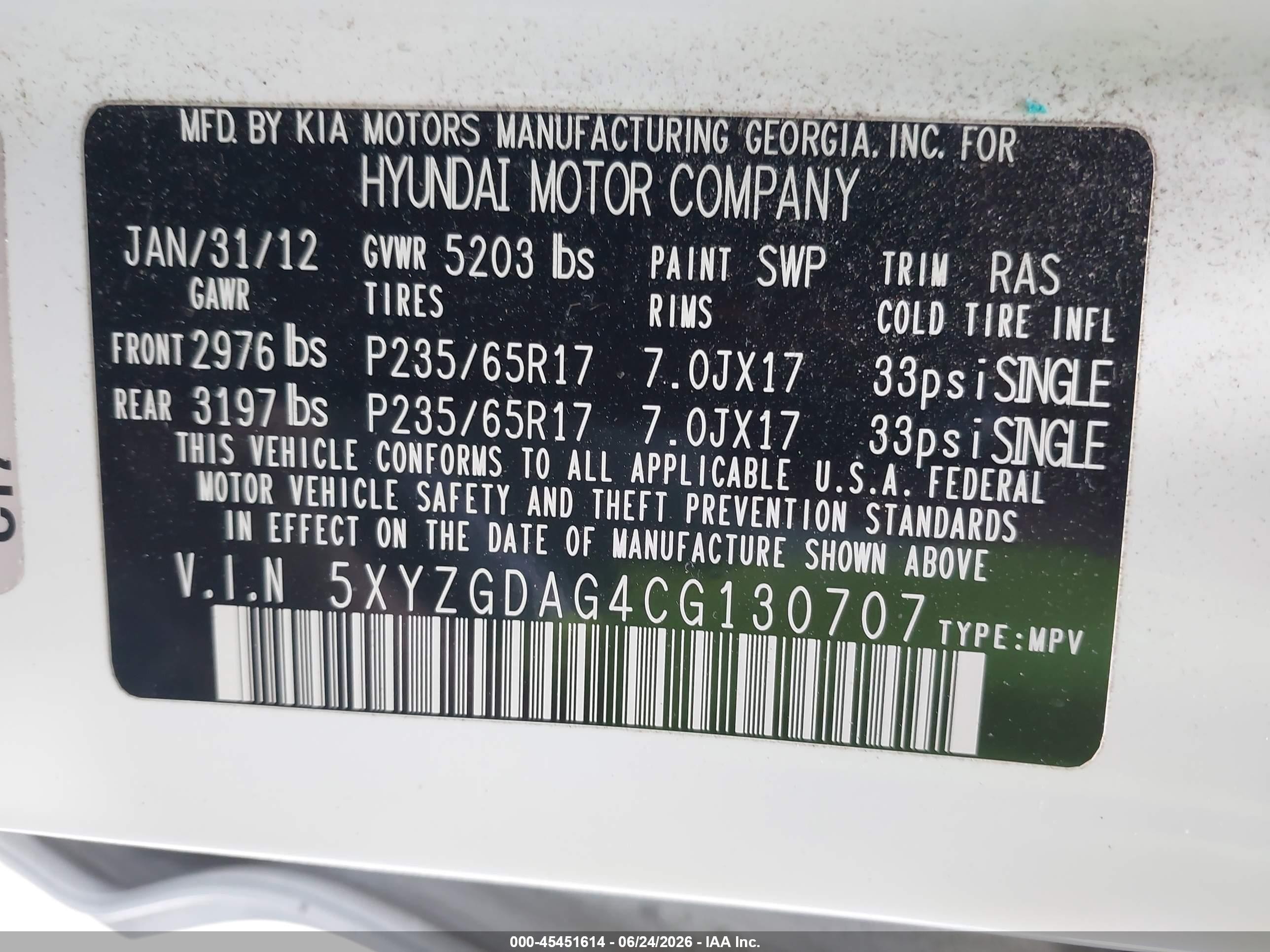 2012 Hyundai Santa Fe Gls V6 White vin: 5XYZGDAG4CG130707