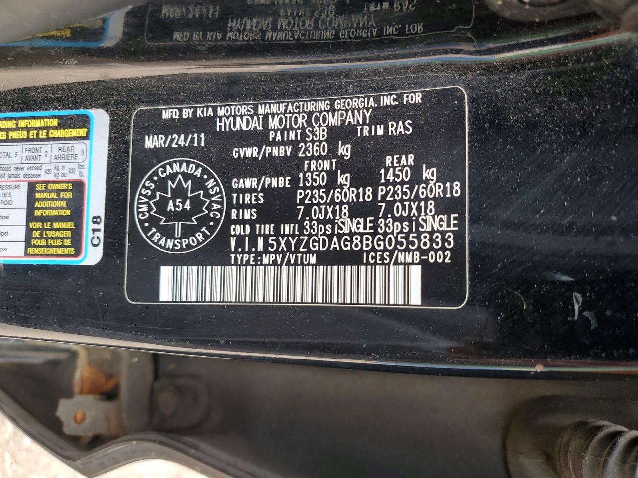 2011 Hyundai Santa Fe Gls Черный vin: 5XYZGDAG8BG055833