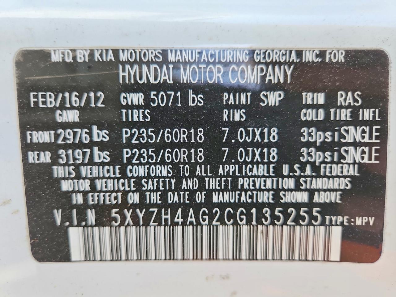 2012 Hyundai Santa Fe Se White vin: 5XYZH4AG2CG135255