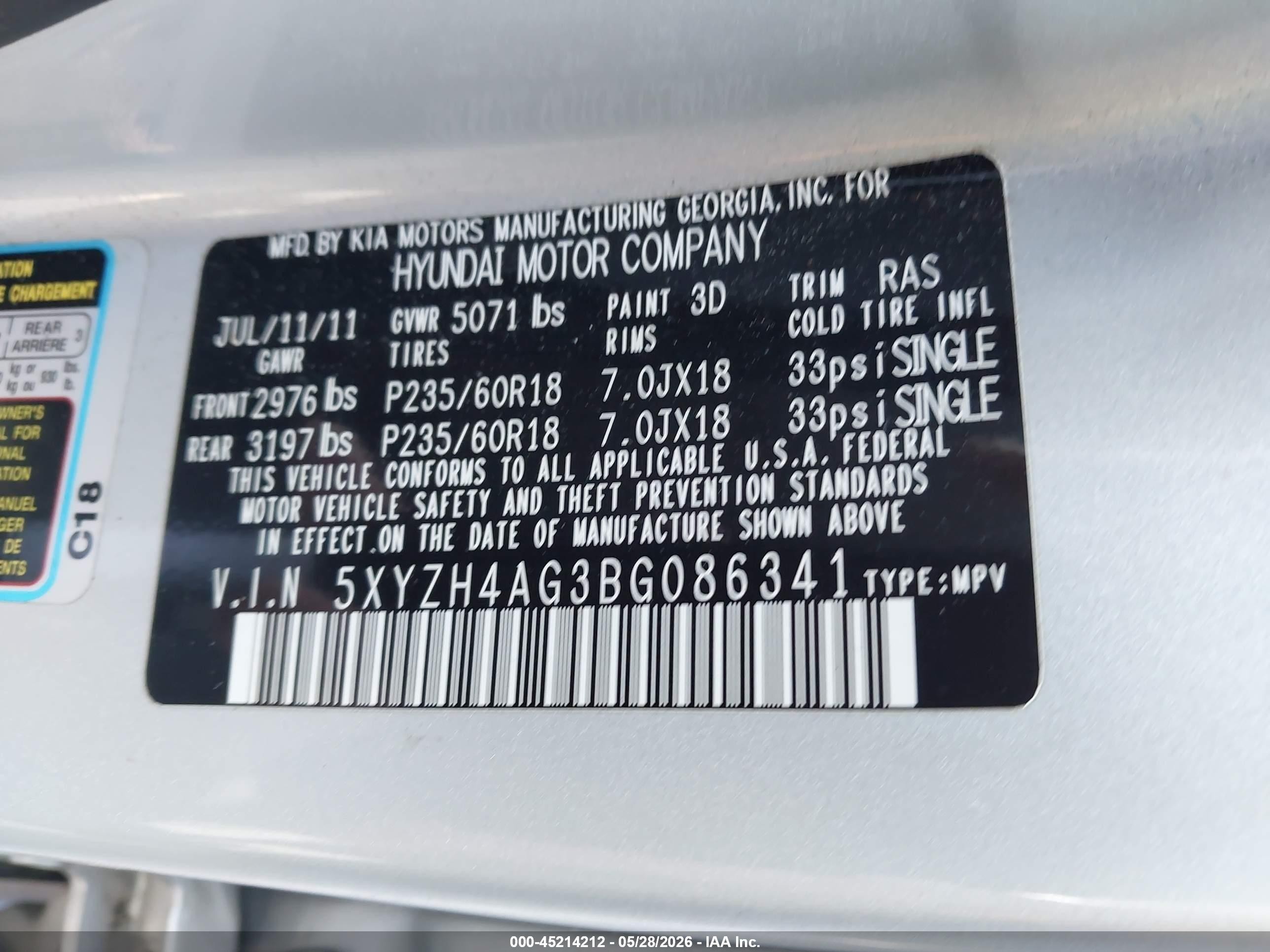 2011 Hyundai Santa Fe Se Gray vin: 5XYZH4AG3BG086341