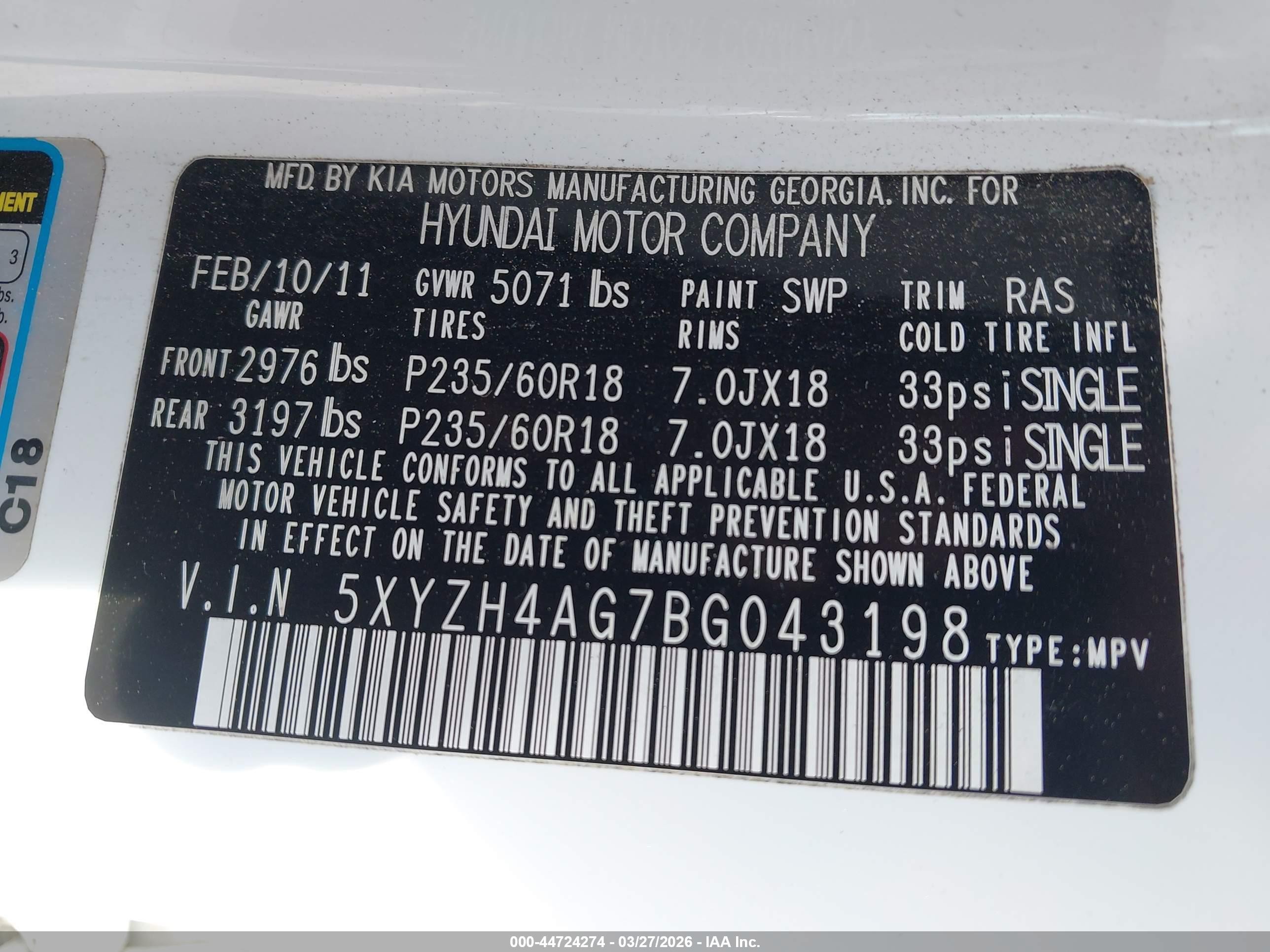 2011 Hyundai Santa Fe Se White vin: 5XYZH4AG7BG043198