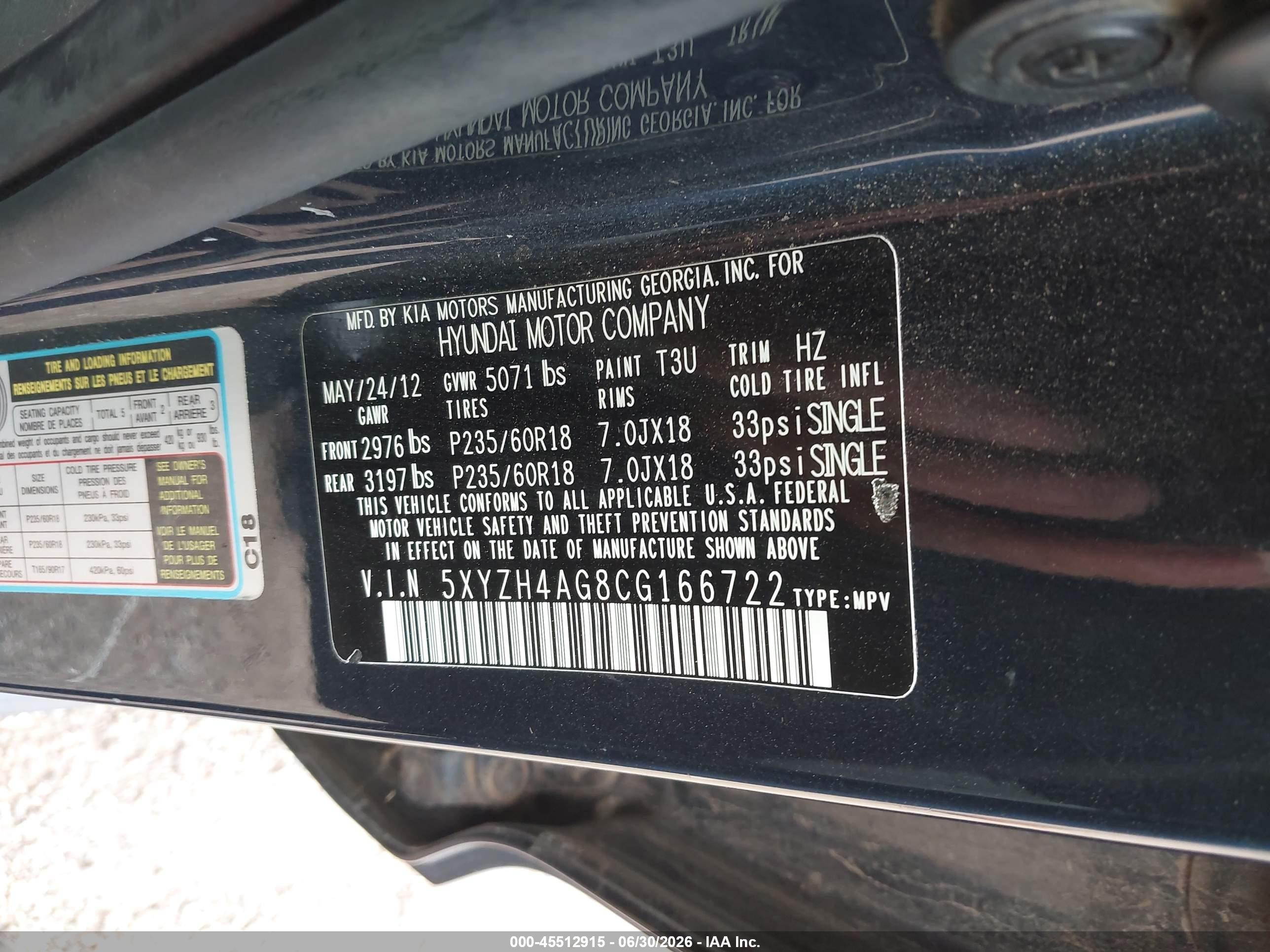2012 Hyundai Santa Fe Se Black vin: 5XYZH4AG8CG166722
