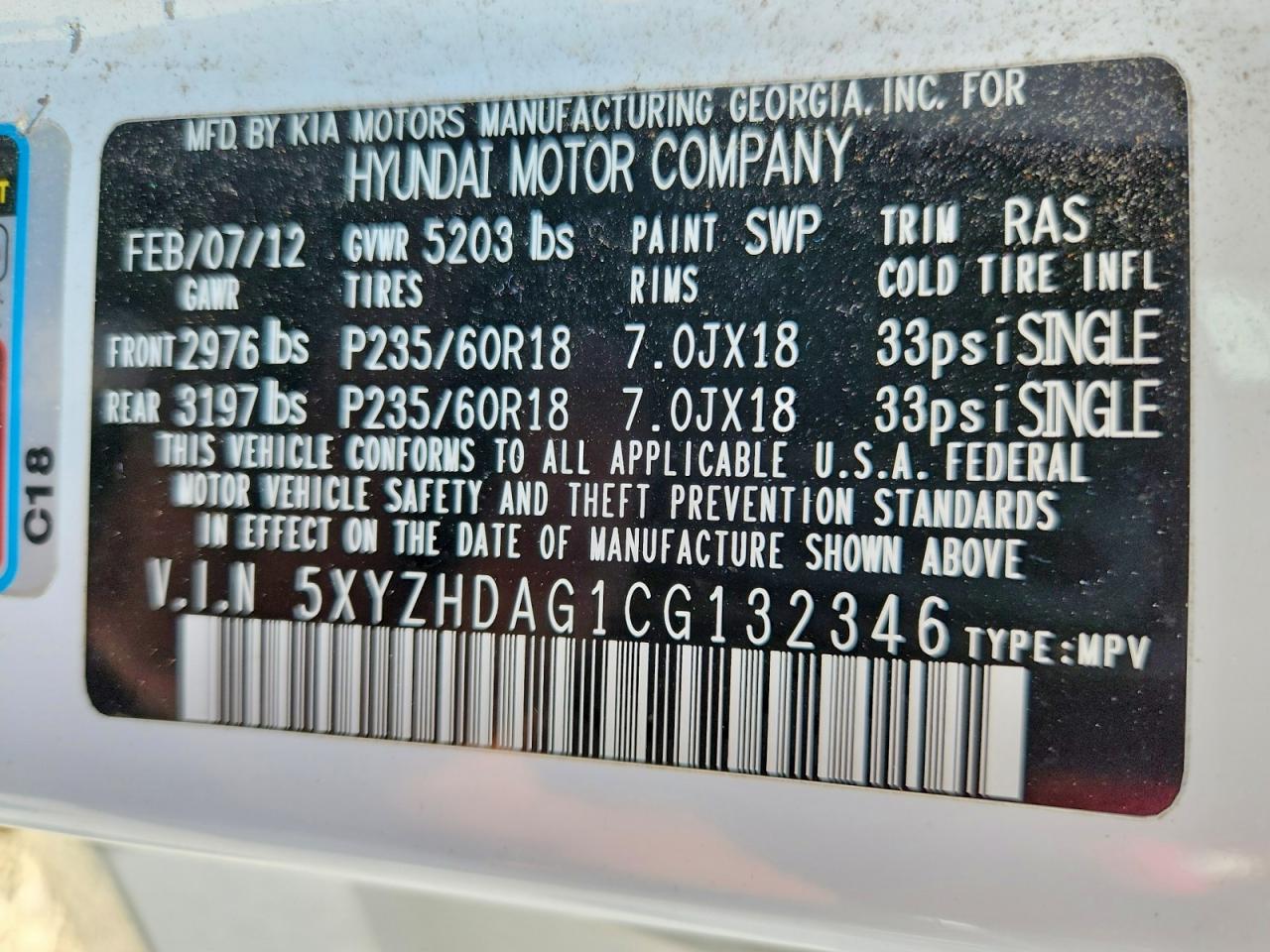 2012 Hyundai Santa Fe Se White vin: 5XYZHDAG1CG132346