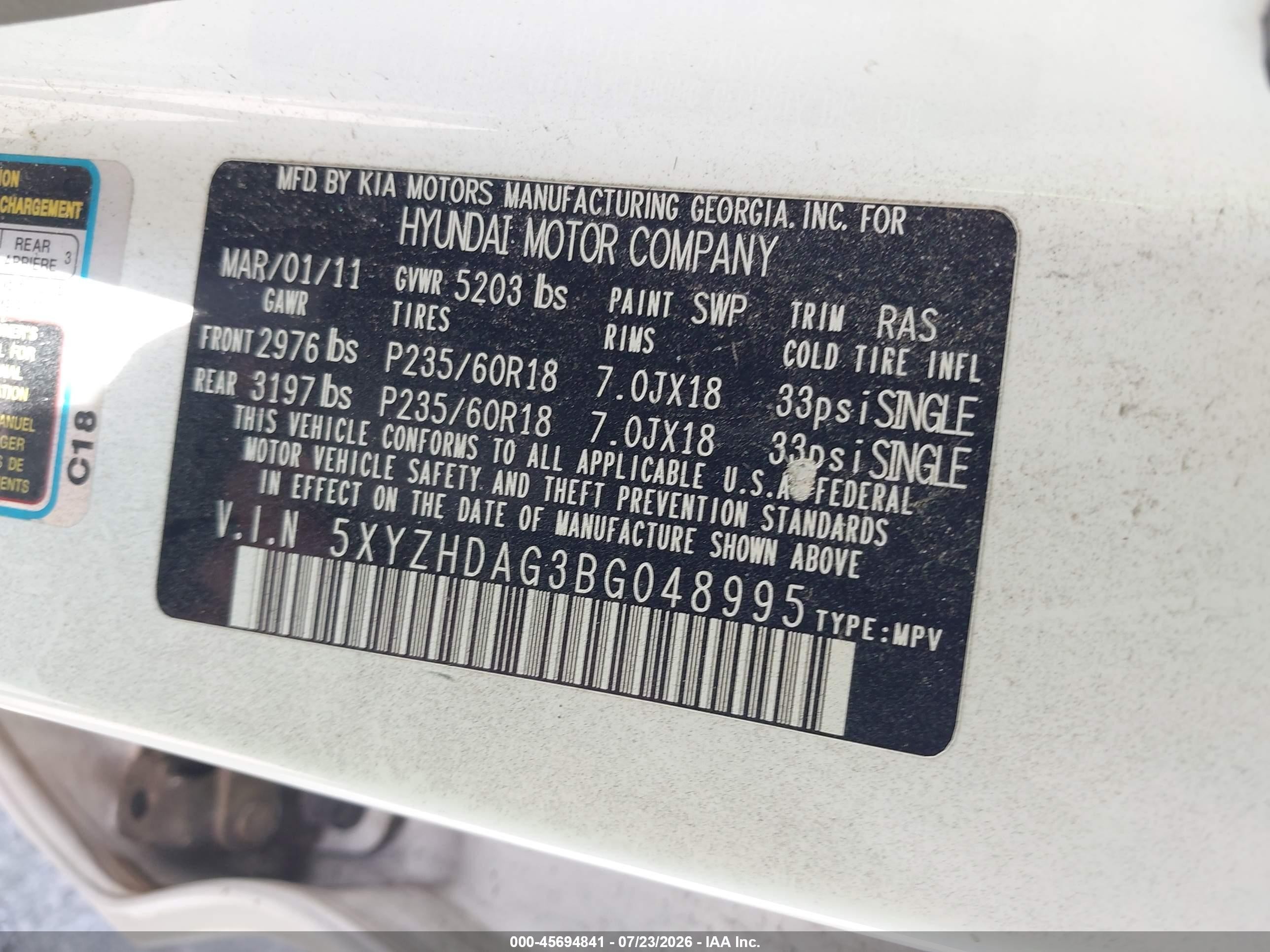 2011 Hyundai Santa Fe Se White vin: 5XYZHDAG3BG048995