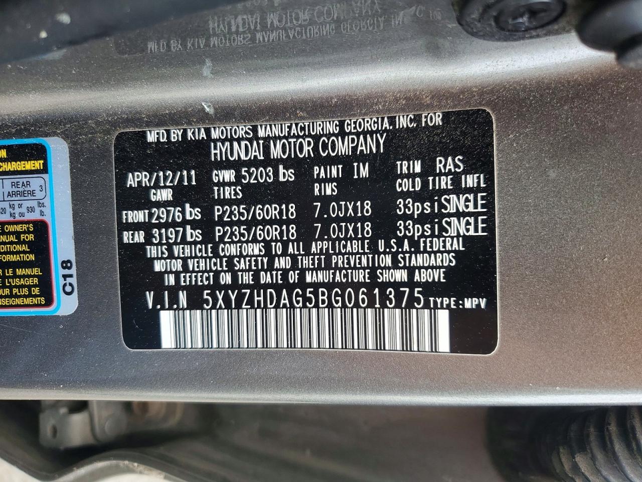 2011 Hyundai Santa Fe Se Gray vin: 5XYZHDAG5BG061375