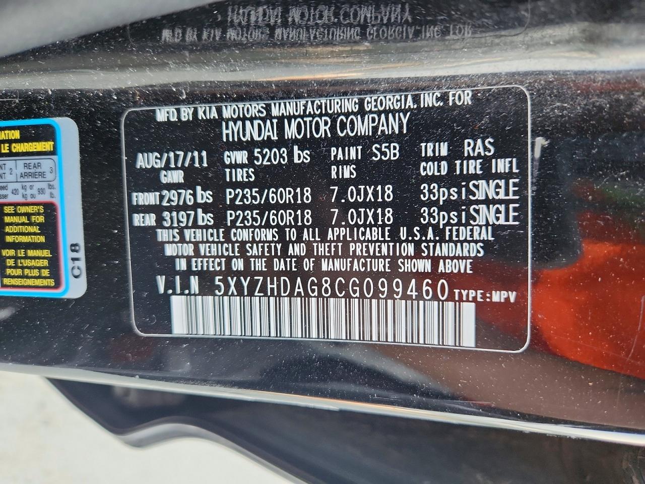 2012 Hyundai Santa Fe Se Black vin: 5XYZHDAG8CG099460