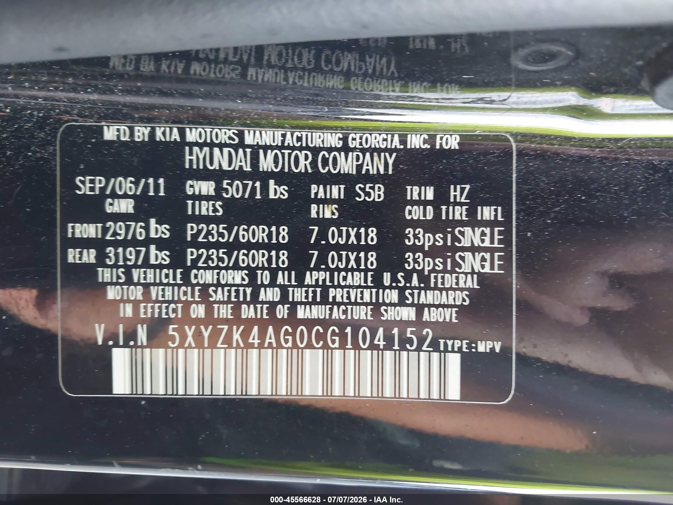 2012 Hyundai Santa Fe Limited V6 Black vin: 5XYZK4AG0CG104152