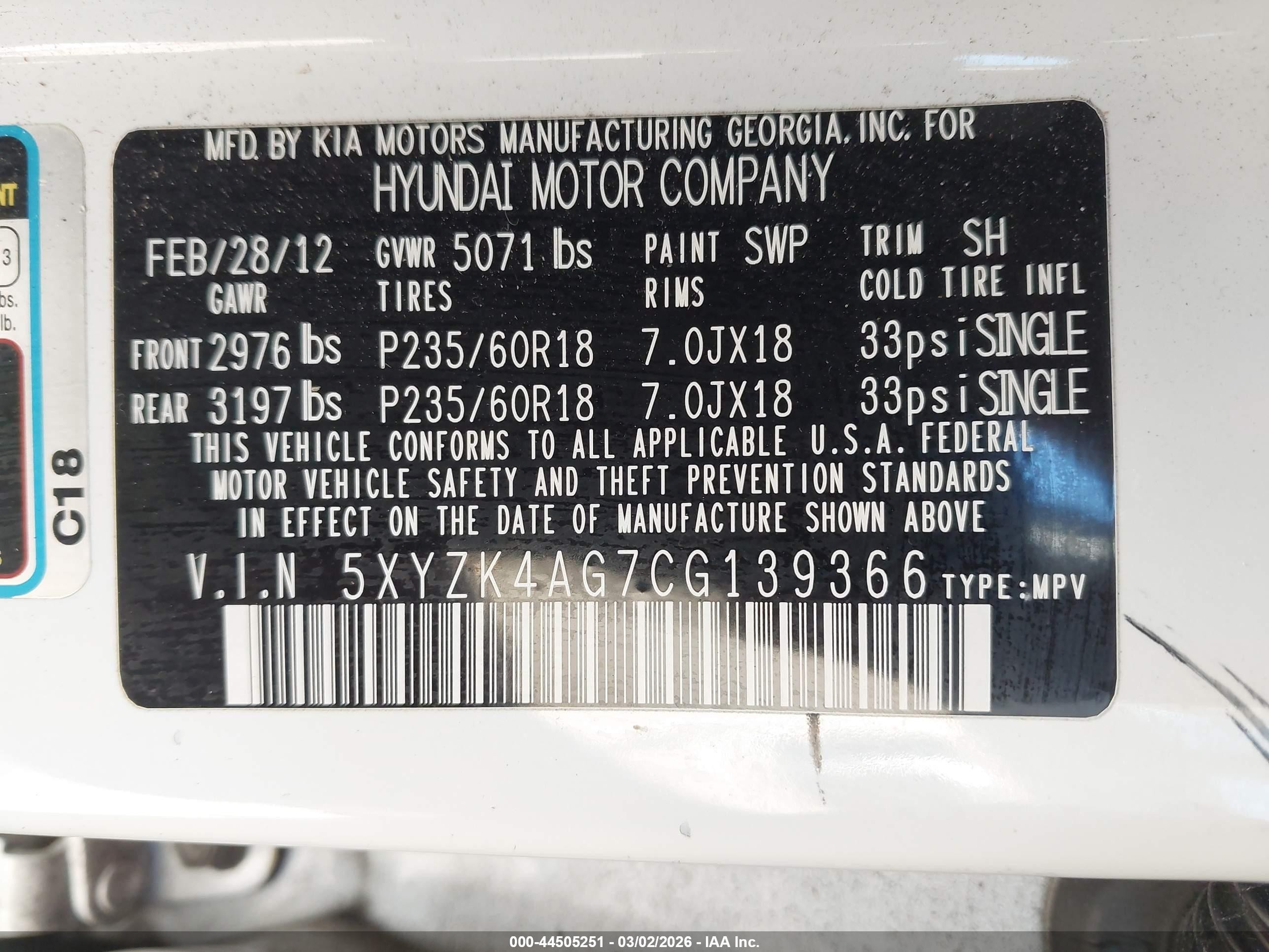 2012 Hyundai Santa Fe Limited V6 White vin: 5XYZK4AG7CG139366