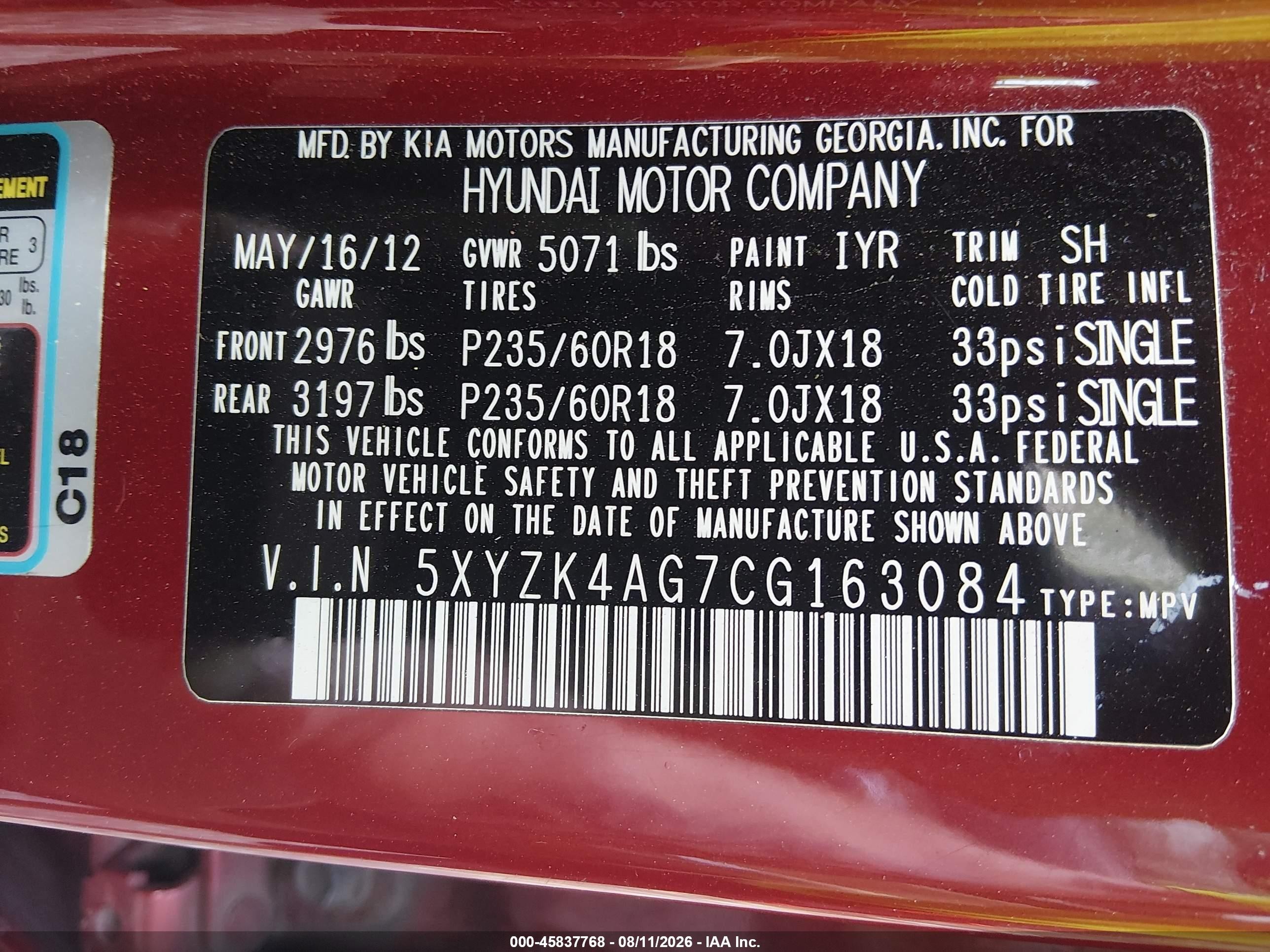 2012 Hyundai Santa Fe Limited V6 Red vin: 5XYZK4AG7CG163084