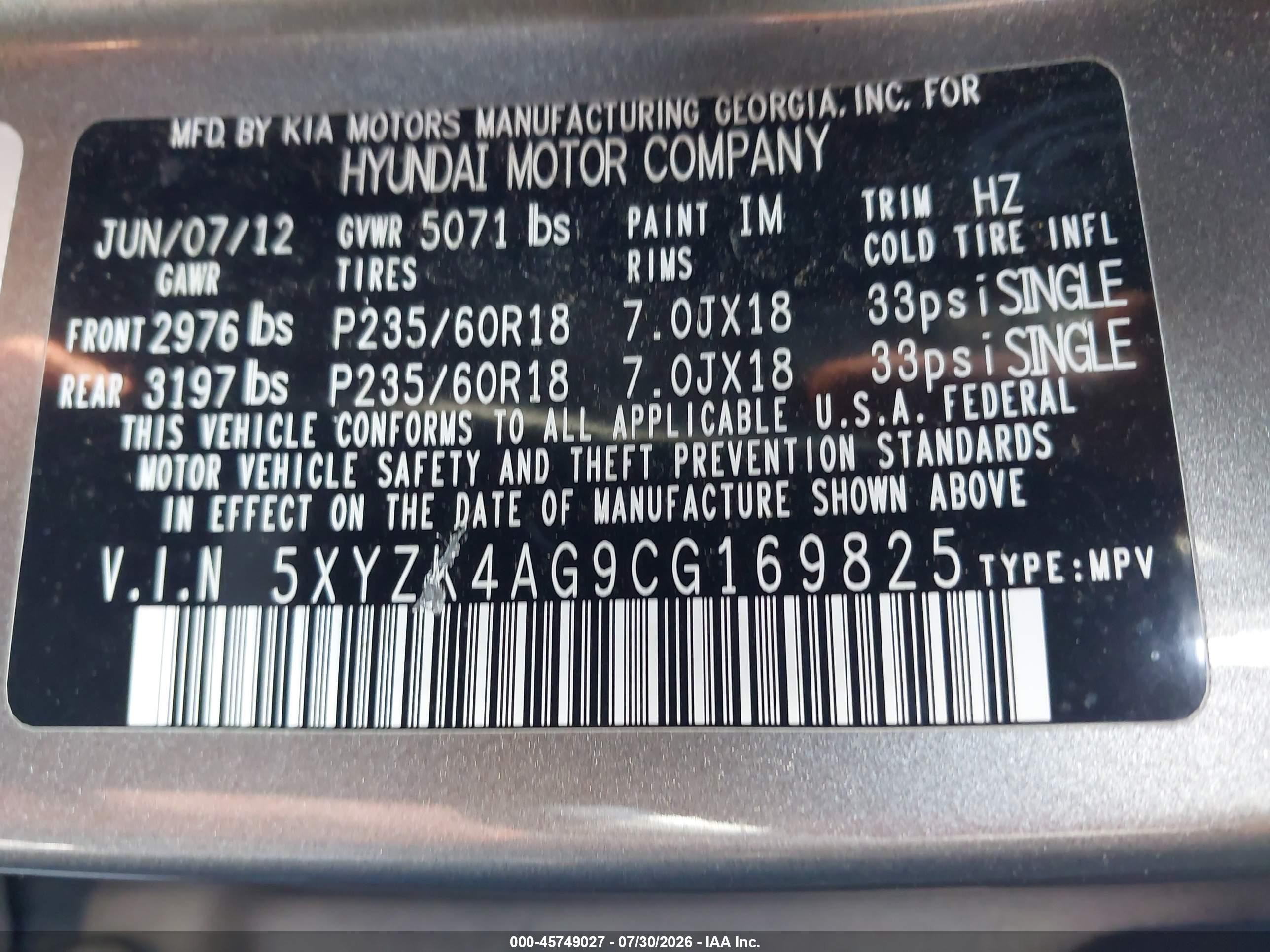 2012 Hyundai Santa Fe Limited V6 Gray vin: 5XYZK4AG9CG169825