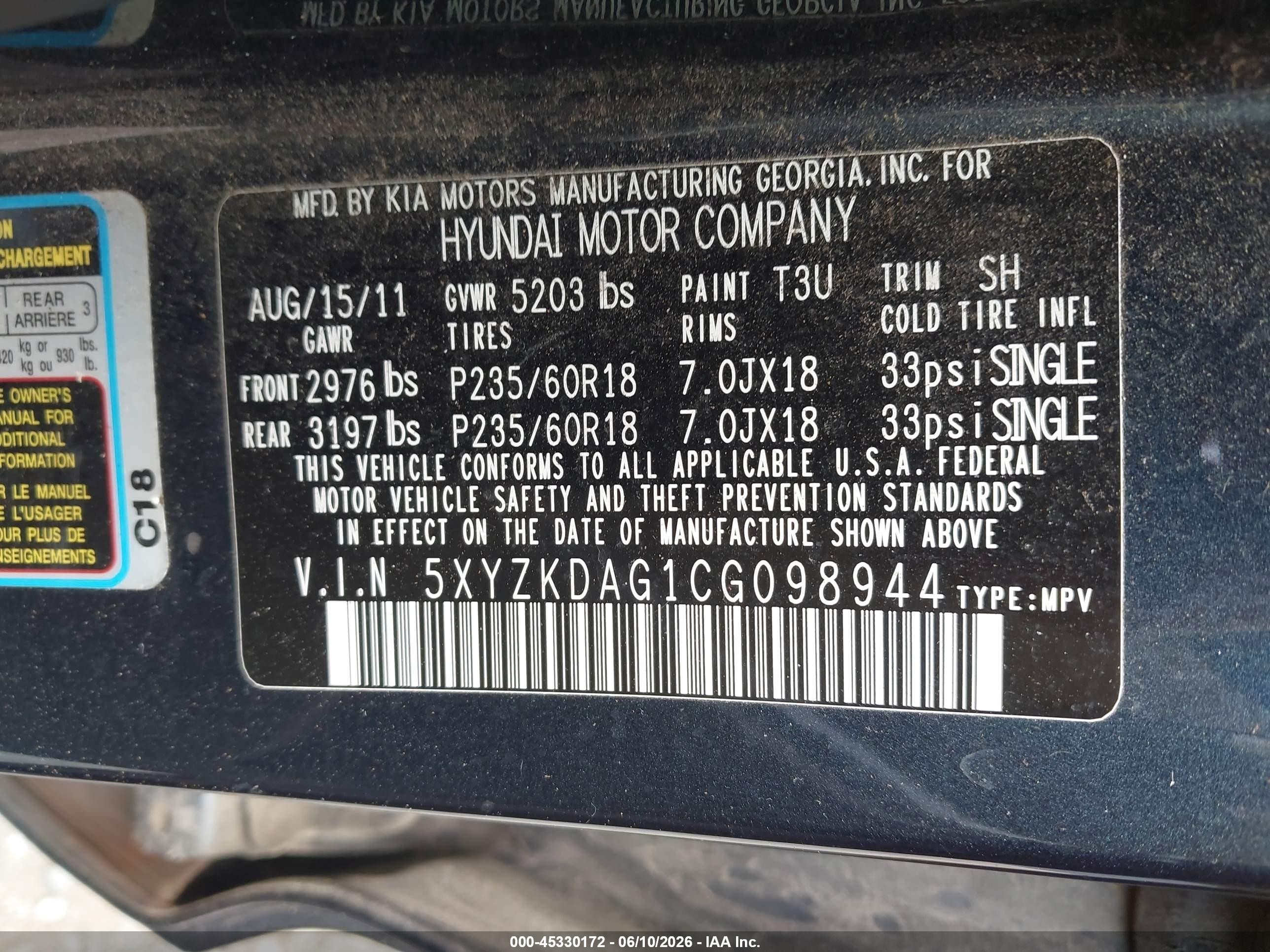 2012 Hyundai Santa Fe Limited V6 Blue vin: 5XYZKDAG1CG098944