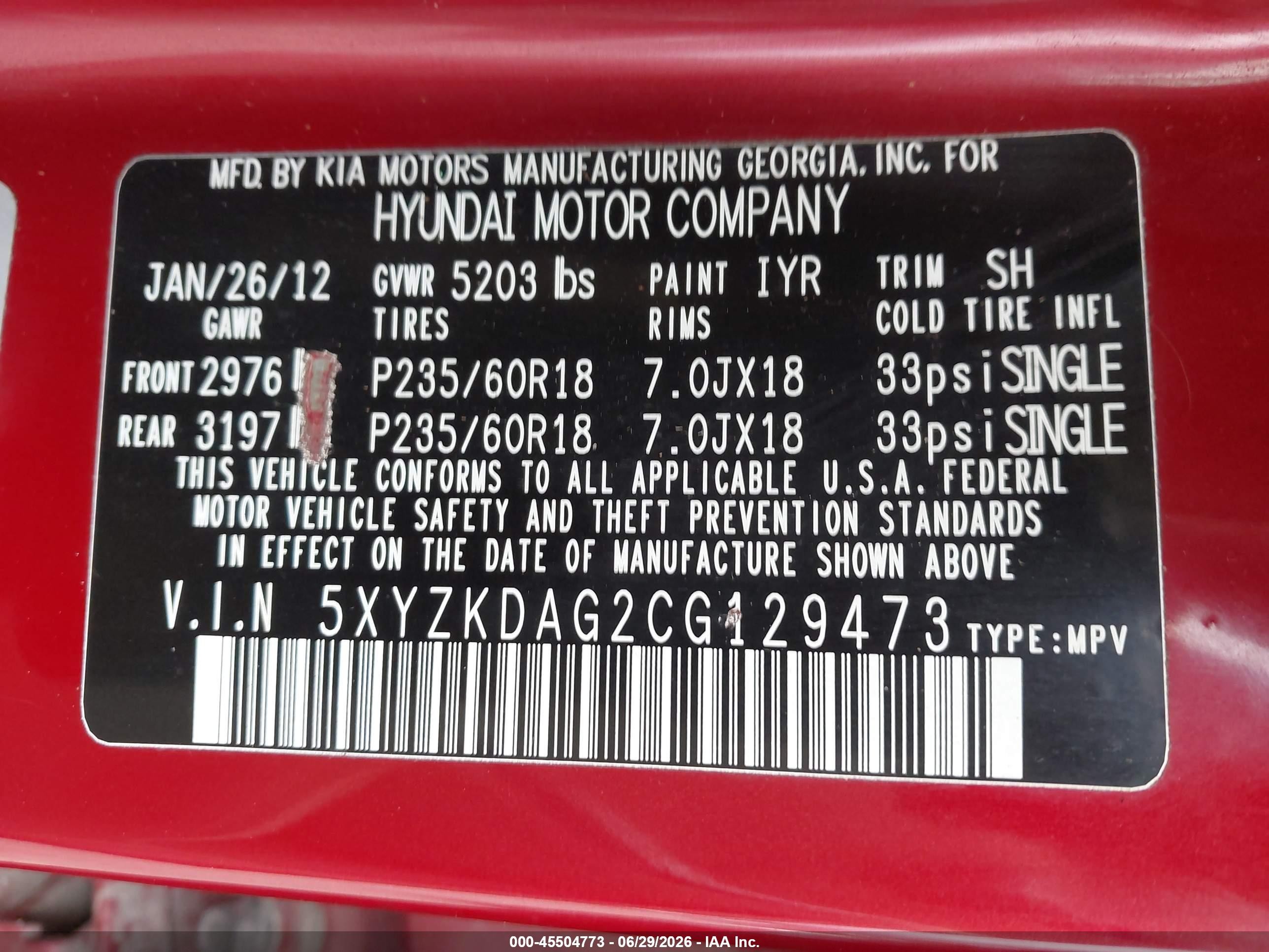 2012 Hyundai Santa Fe Limited V6 Red vin: 5XYZKDAG2CG129473