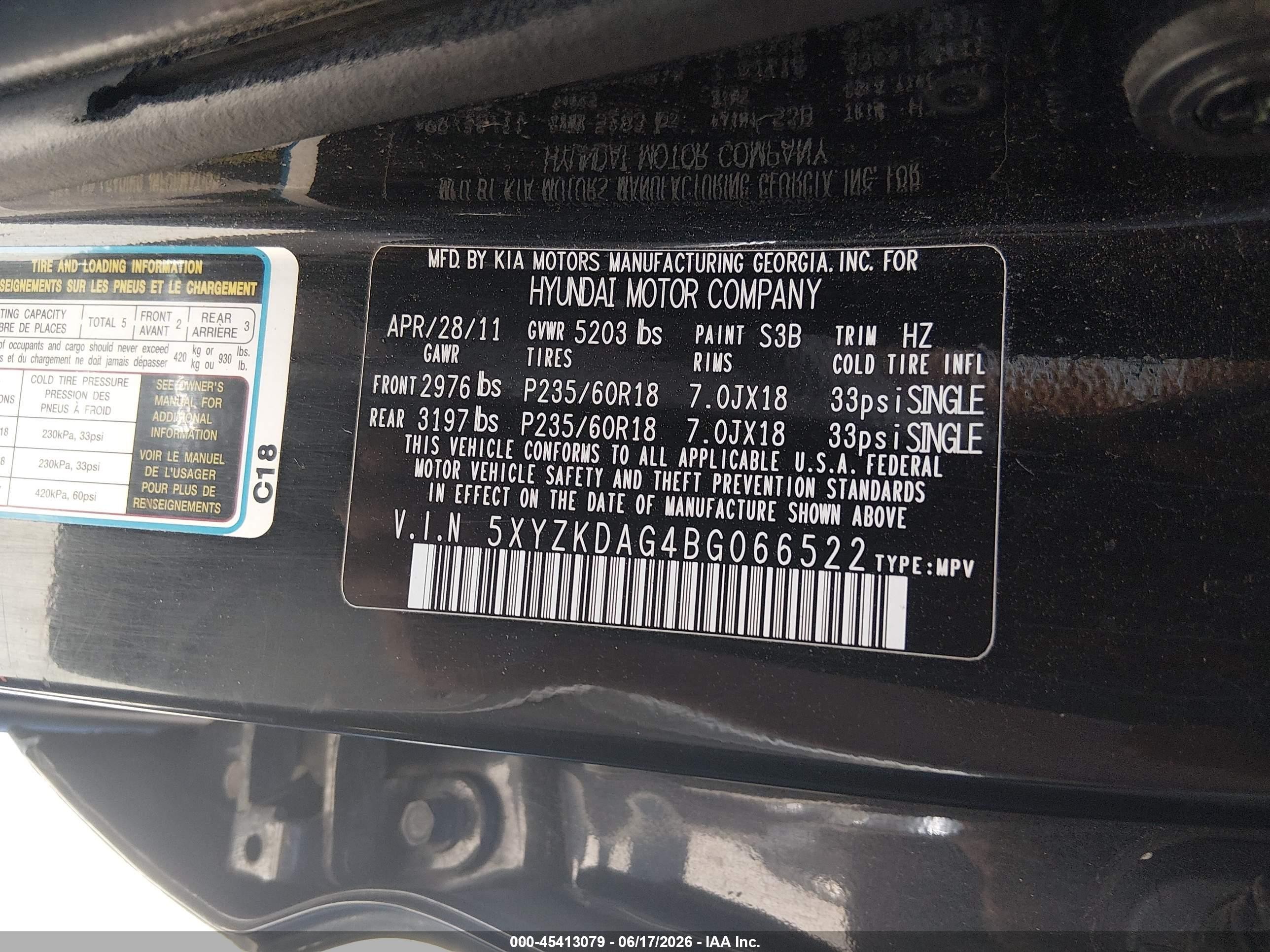 2011 Hyundai Santa Fe Limited V6 Black vin: 5XYZKDAG4BG066522