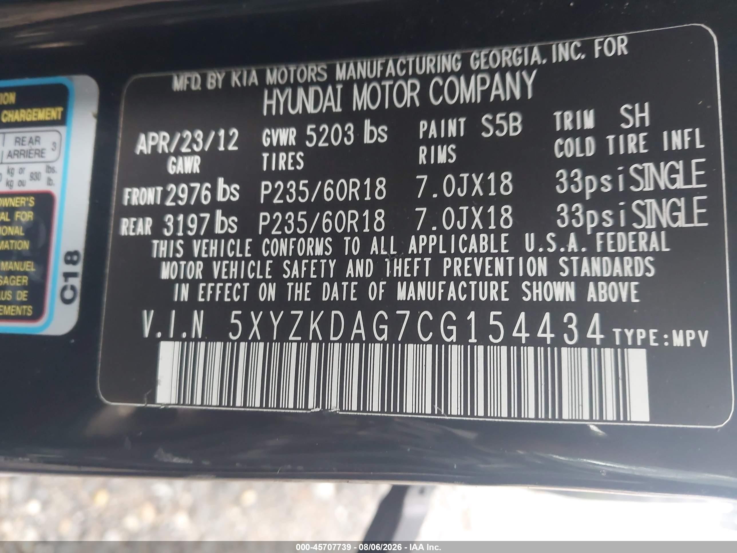 2012 Hyundai Santa Fe Limited V6 Black vin: 5XYZKDAG7CG154434