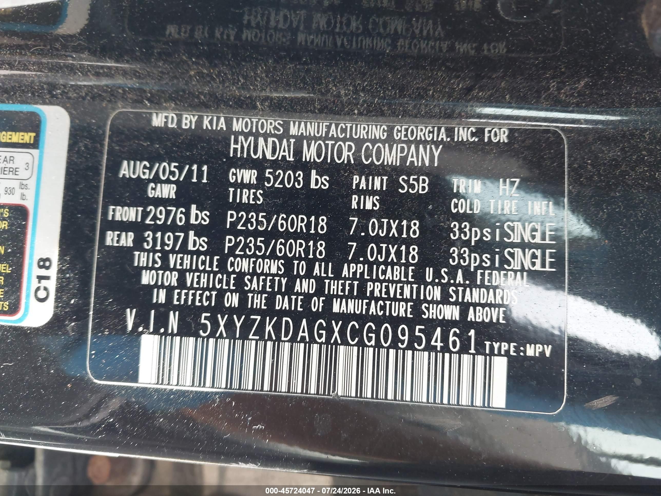 2012 Hyundai Santa Fe Limited V6 Black vin: 5XYZKDAGXCG095461
