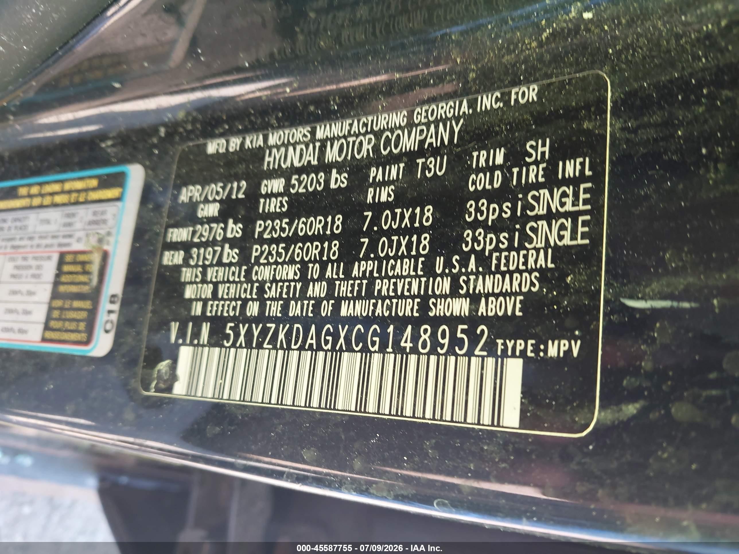 2012 Hyundai Santa Fe Limited V6 Black vin: 5XYZKDAGXCG148952